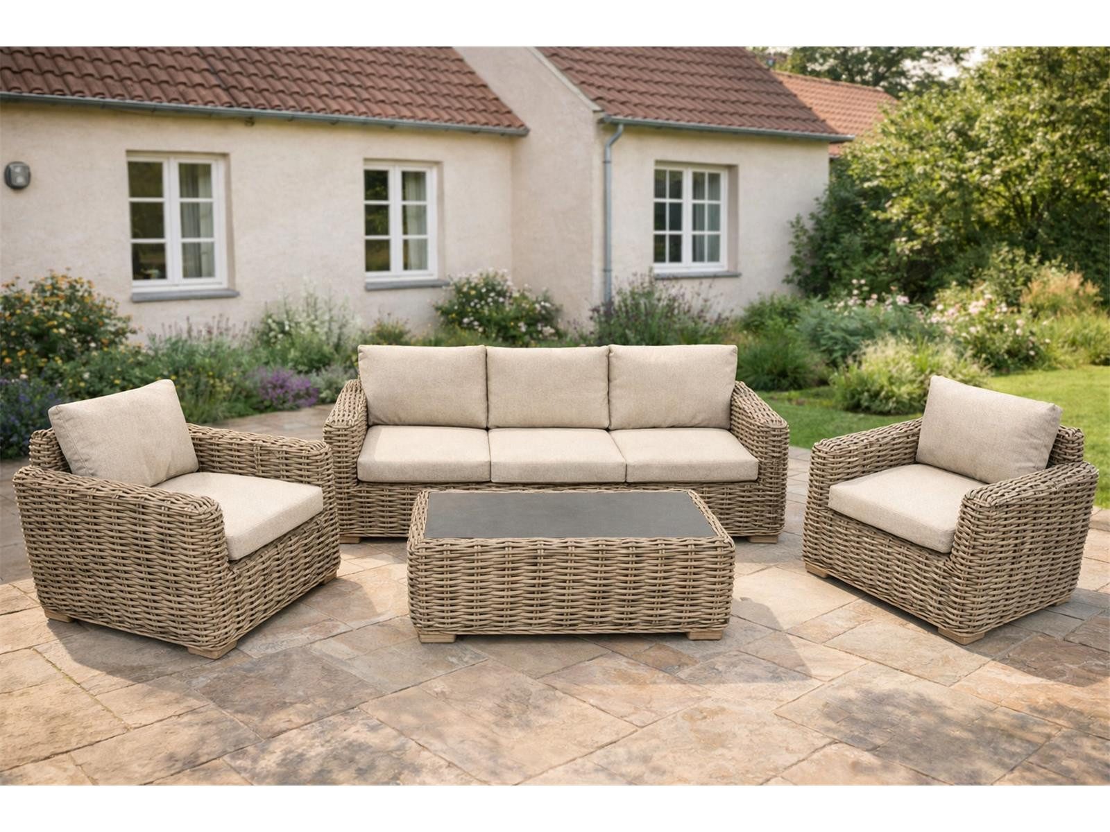 Green Spirit Loungeset »Trinidad« Lounge Set Rattan Loungemöbel Sitzgruppe Gartenmöbel Gruppe, (Set, 4-tlg., 1 3-Sitzer Sofa, 2 Sessel und 1 Tisch, inkl. Sitz- und Rückenkissen), Polyrattan, beige, 5 Personen, wetterfest, Garten, Terrasse, Outdoor