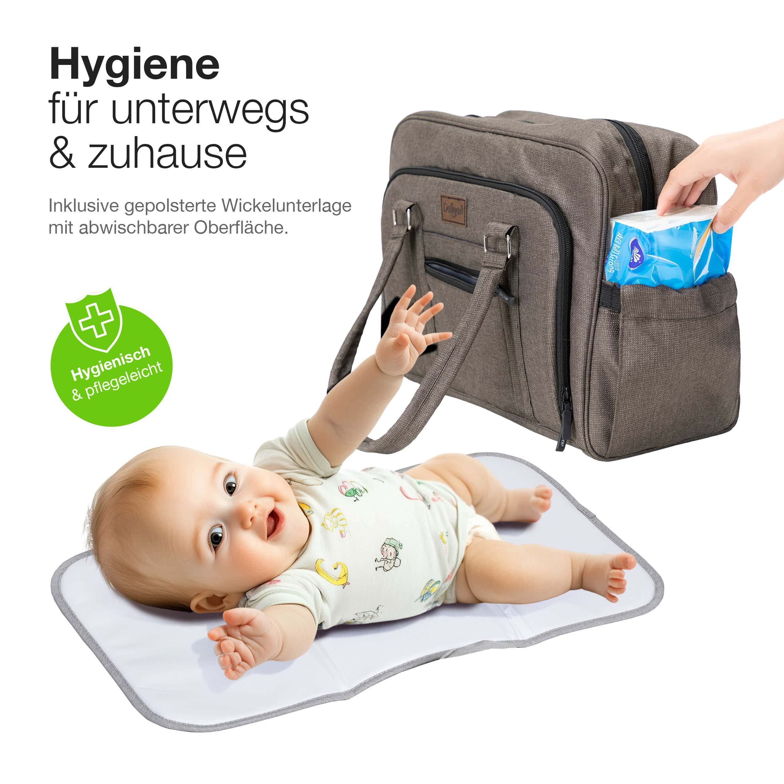 Daliya® Wickeltasche ALPINO PURE Tasche mit praktischen Funktionen, inkl. Wickelunterlage (3-tlg., Wickeltasche, gepolsterte Wickelunterlage, Schulterriemen mit Karabiner), Wickeltasche mit 17 Fächern, Thermo-Fächern und Trolley-Funktion