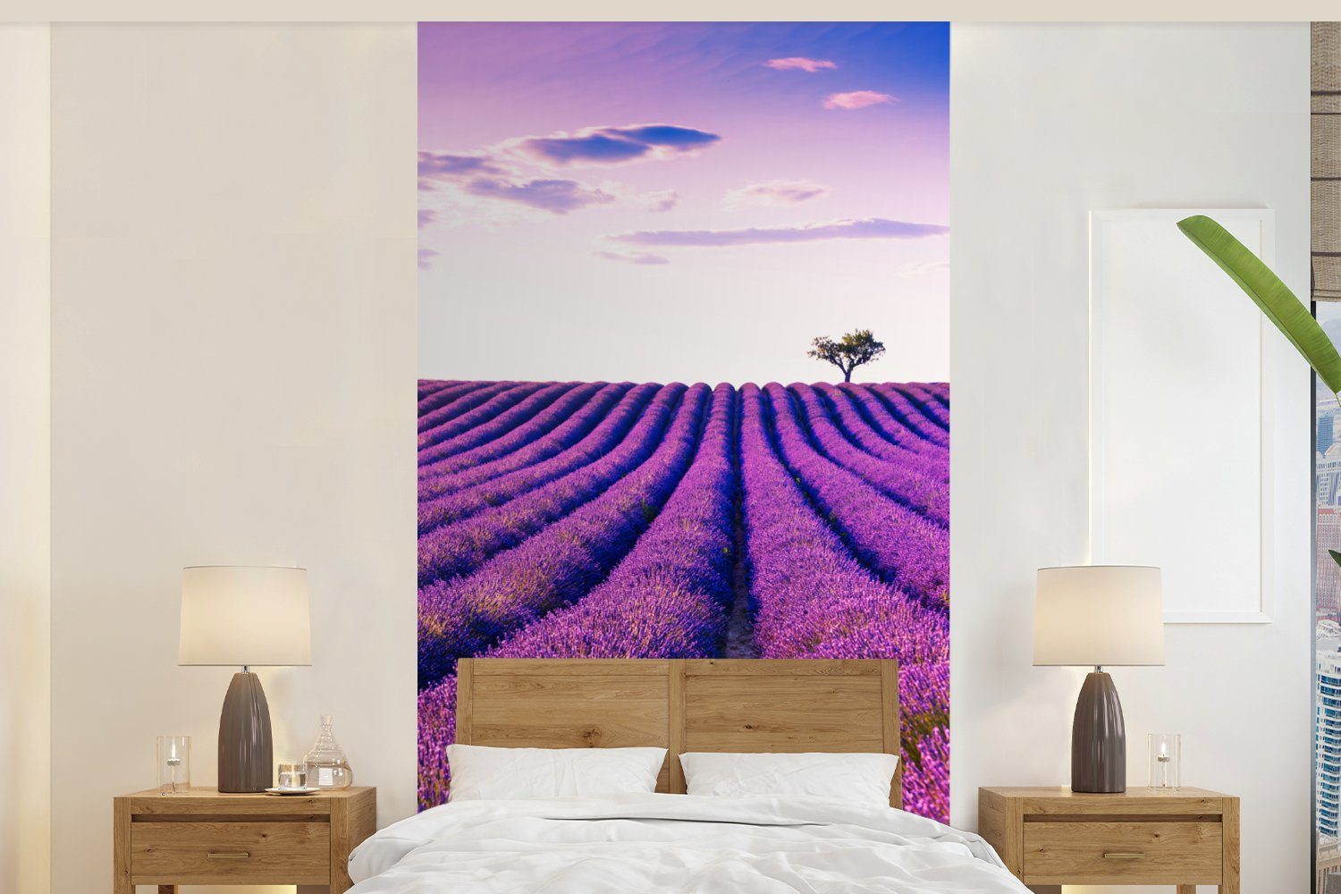 MuchoWow Fototapete Lavendel - Bäume - Lila - Blumen, Matt, bedruckt, (2 St), Vliestapete für Wohnzimmer Schlafzimmer Küche, Fototapete