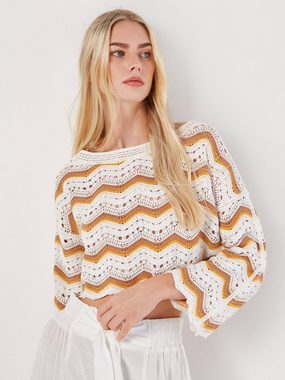 Apricot Klassische Bluse Crochet Waves Bell Sleeve Top, in Häkeloptik, mit Wellenstreifen