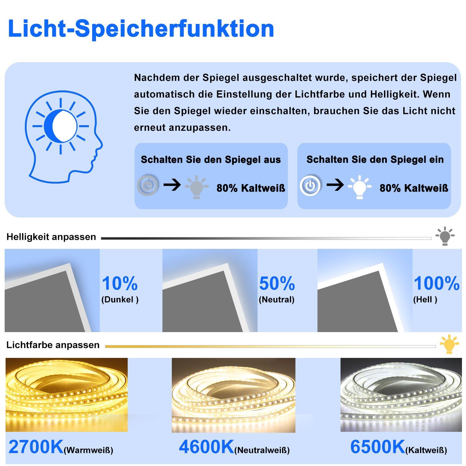 duschspa Badspiegel Wandspiegel mit LED Beleuchtung Kaltweiß Warmweiß wählbar, 50-160 cm breit