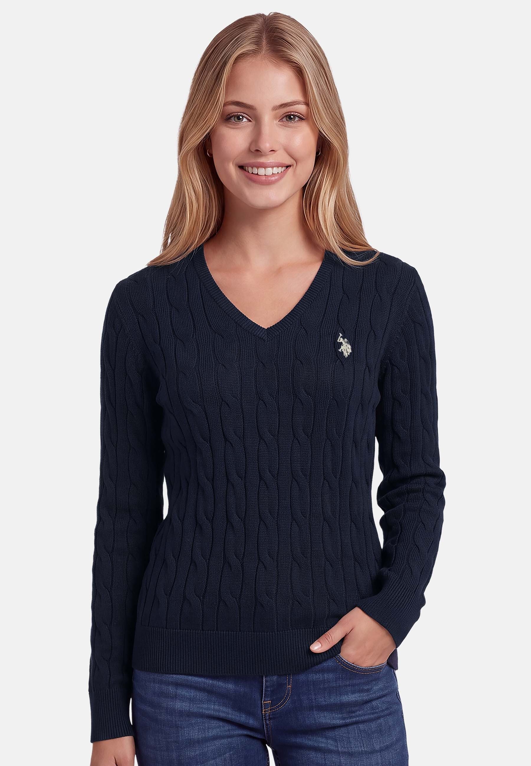 U.S. Polo Assn. Rundhalspullover mit Zopfmuster und V-Ausschnitt Klassischer Strickpullover mit Rippbündchen und dezenter Logostickerei