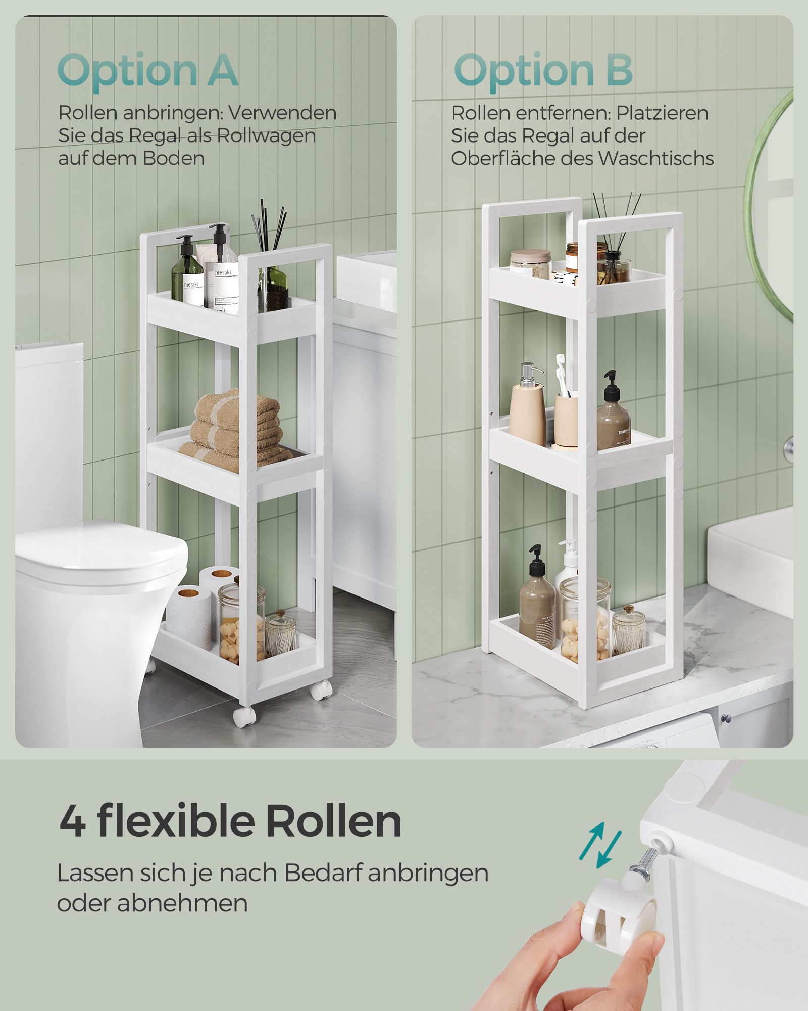 SONGMICS Badregal Rollwagen Badregal auf Rollen mit 3 Ebenen, 20 x 30 x 80 cm, Bambus, schmal, platzsparend, Badezimmerregal, Regal – Bild 4 von 5