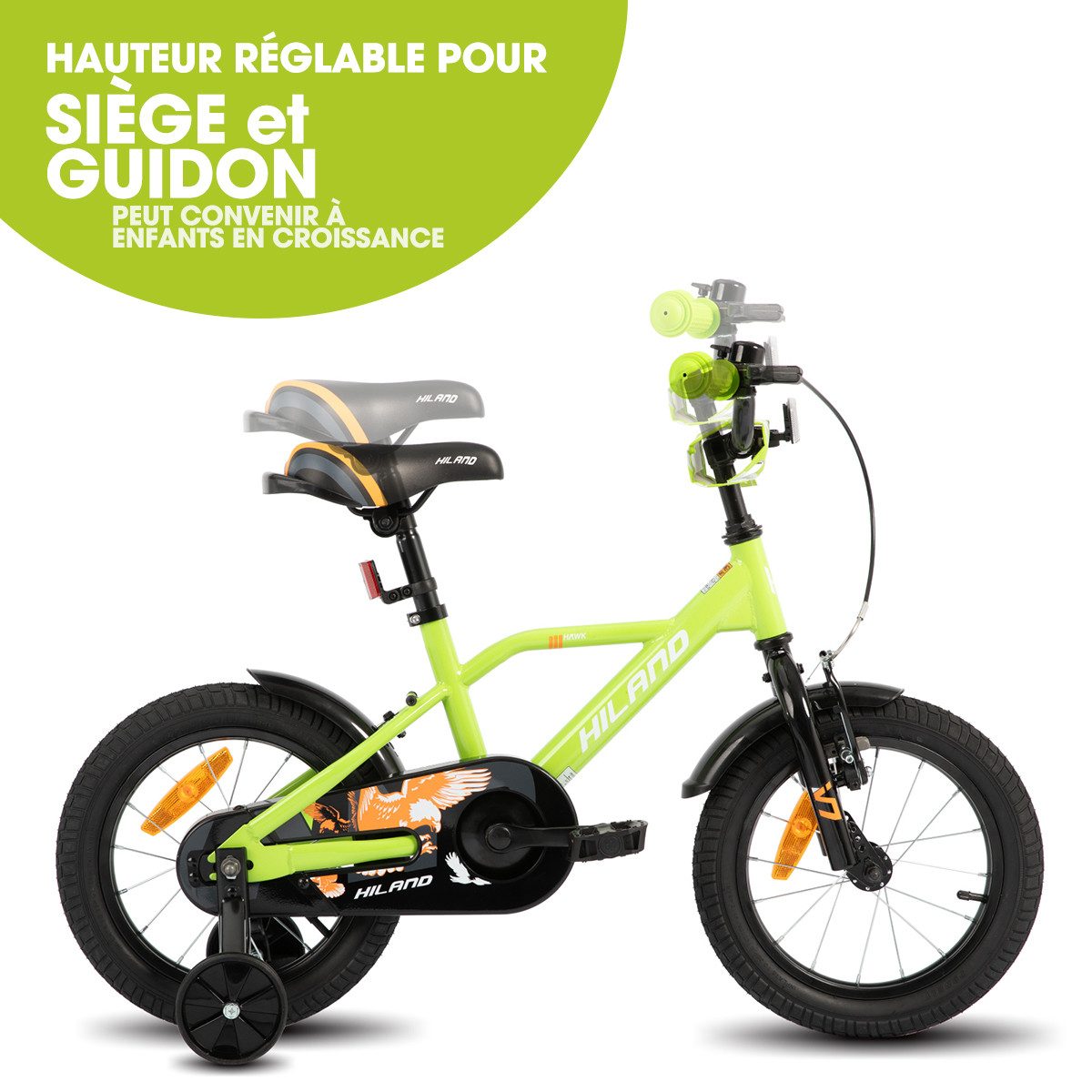 HILAND Kinderfahrrad Hawk 12 14 16 20 Zoll Kinderfahrrad für Jungen 3-10 Jahre, mit Stützrädern, V Bremseund Rücktrittbremse, Hilfsrad, Kotflügel