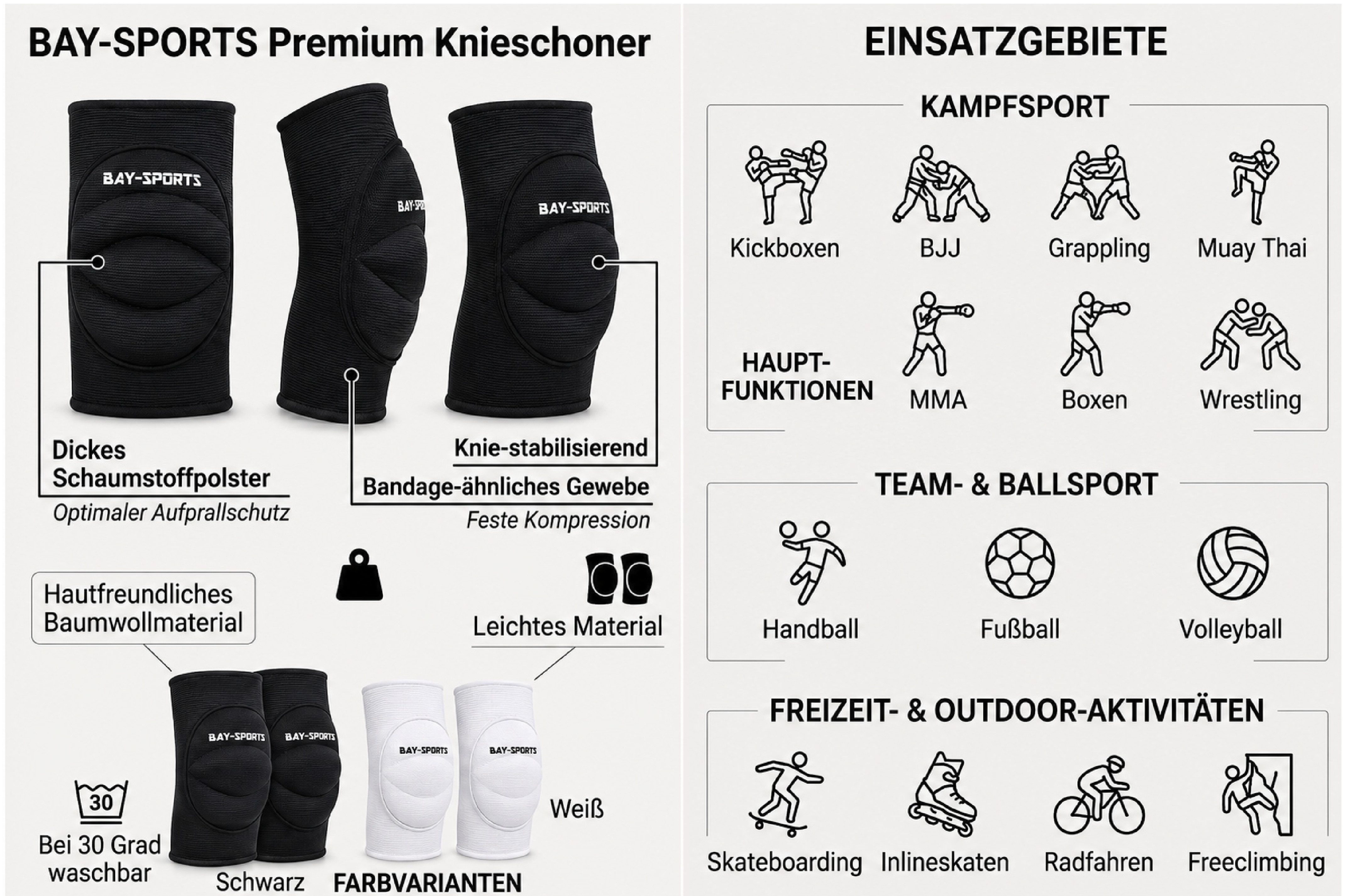 BAY-Sports Knieprotektor Knieschützer Knieschoner Knieschutz Kniepolster Bandage KNEE ATTACK, stabilisierend, stoßdämpfend, elastisch, atmungsaktiv, Schwarz