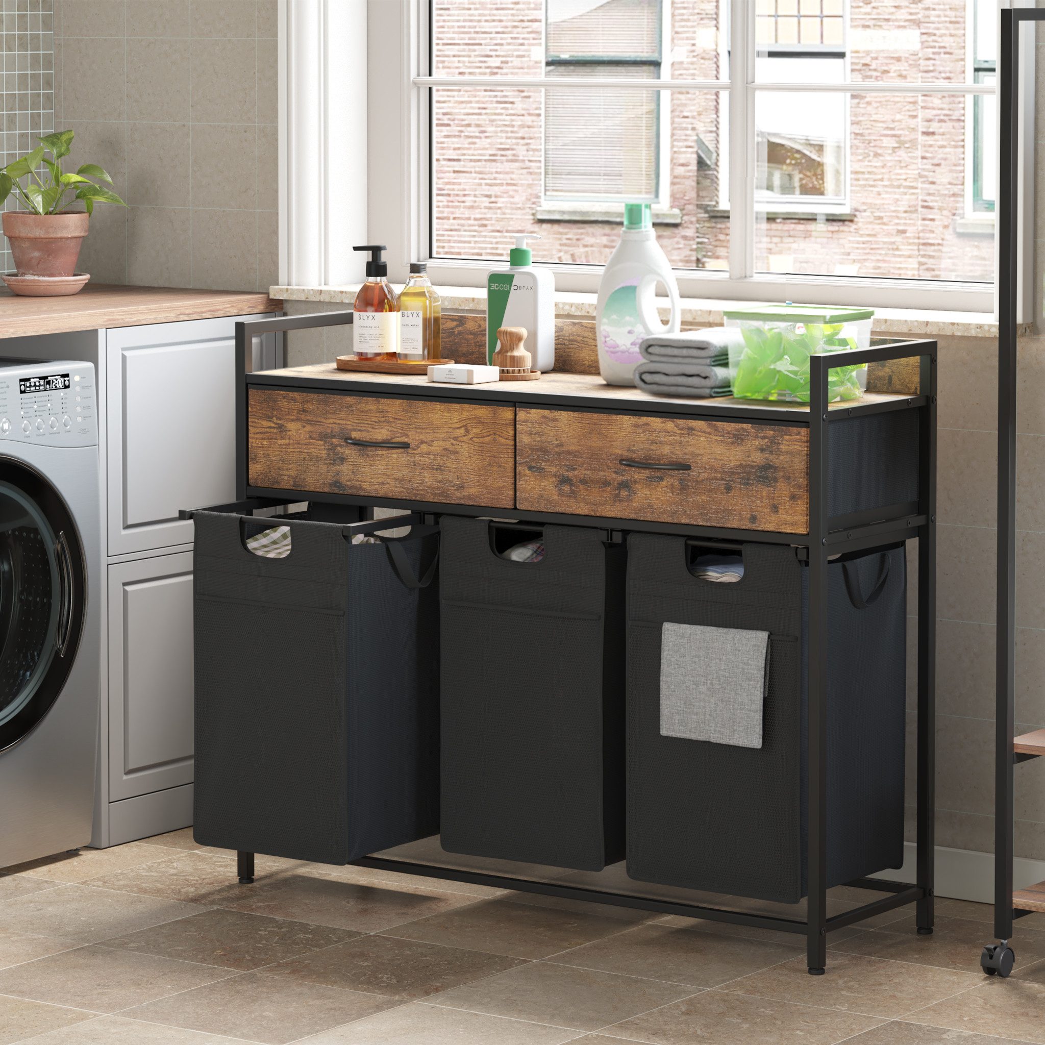 Mondeer Wäschekorb Metallgestell Wäschesammler (3 St., 3 x 50 L), mit 3 abgetrennten Säcken & 2 Schubladen, mit Rollen & Netztaschen