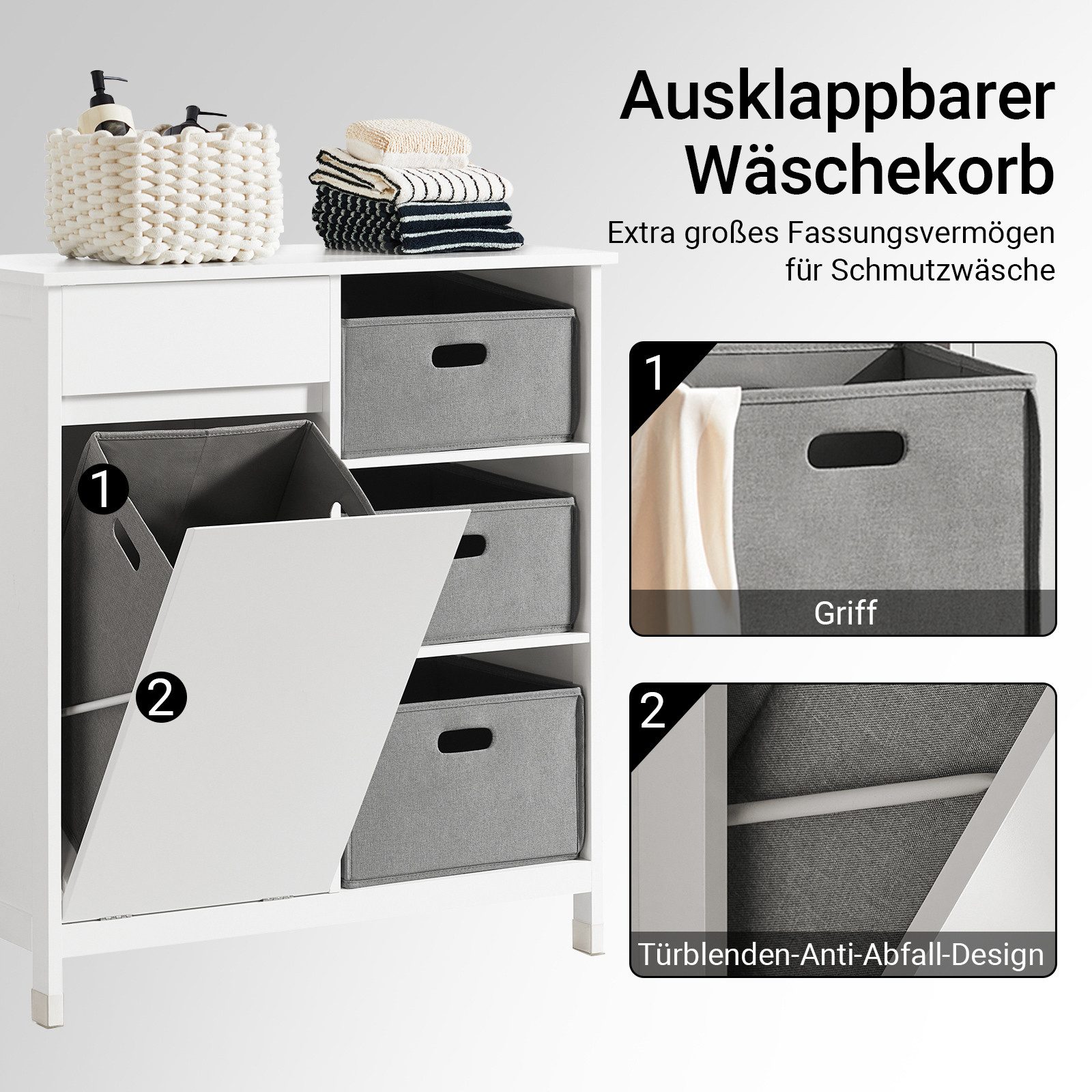 SoBuy Wäscheschrank BZR77, Badezimmerschrank mit Wäschekorb, Badschrank Badmöbel mit ausklappbarem Wäschesäcken, Wäschetruhe, für kleine Räume, Bad – Bild 3 von 5