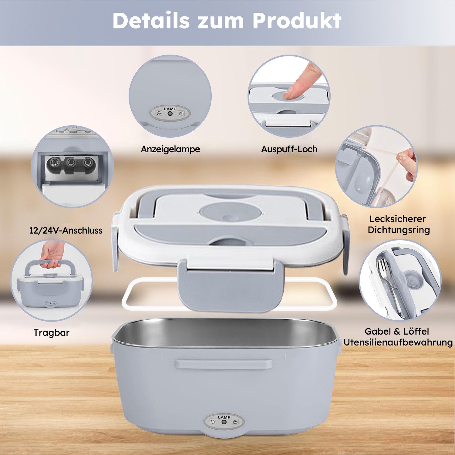 MOPUEA Elektrische Lunchbox 3 in 1 Elektrische Lunchbox, Lunchbox Brotdose aus Edelstahl, (isolierte Lunchbox für Zuhause und Auto) – Bild 4 von 5