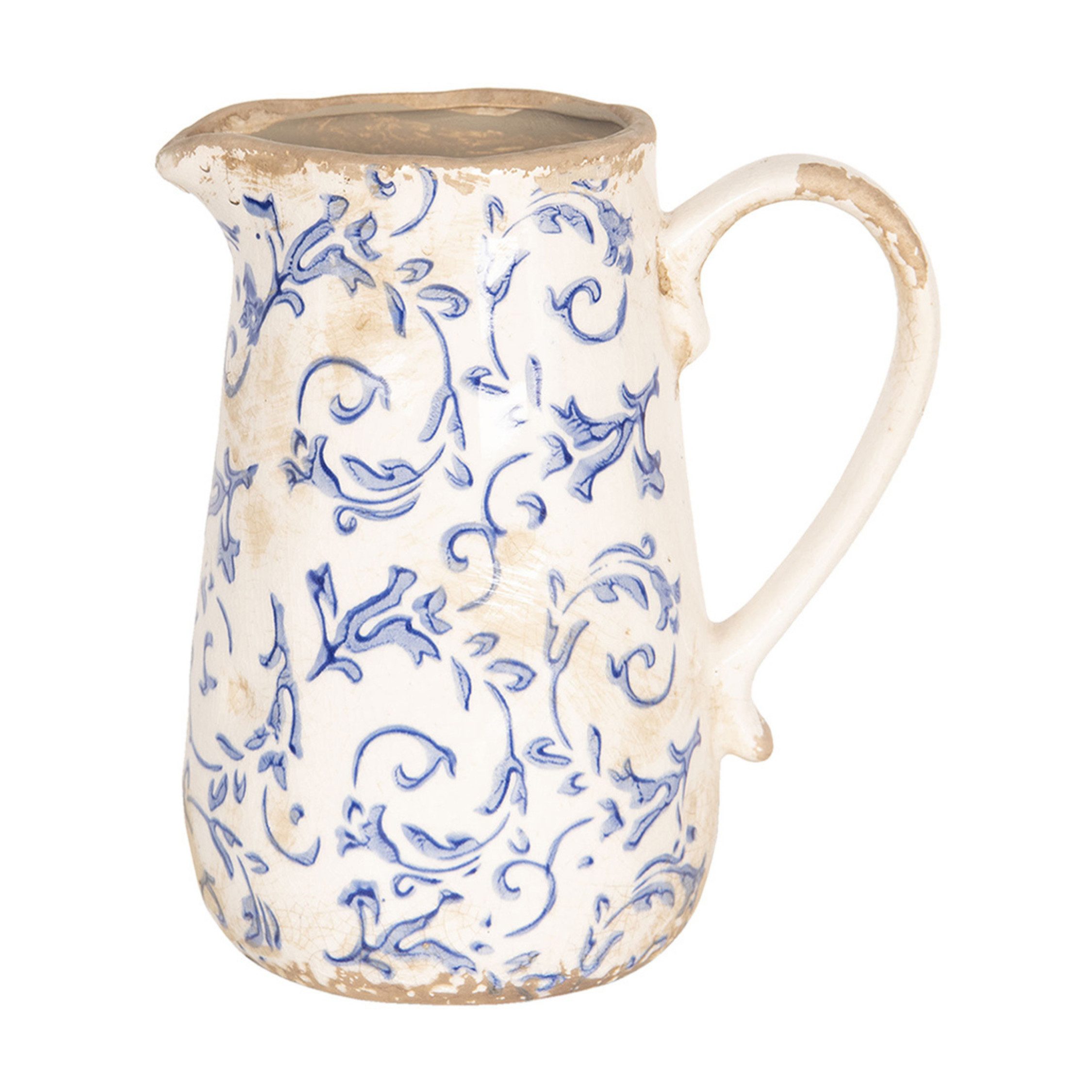 Clayre & Eef Dekovase Clayre & Eef dekorative Kanne Weiß Blau mit Blättermotiv