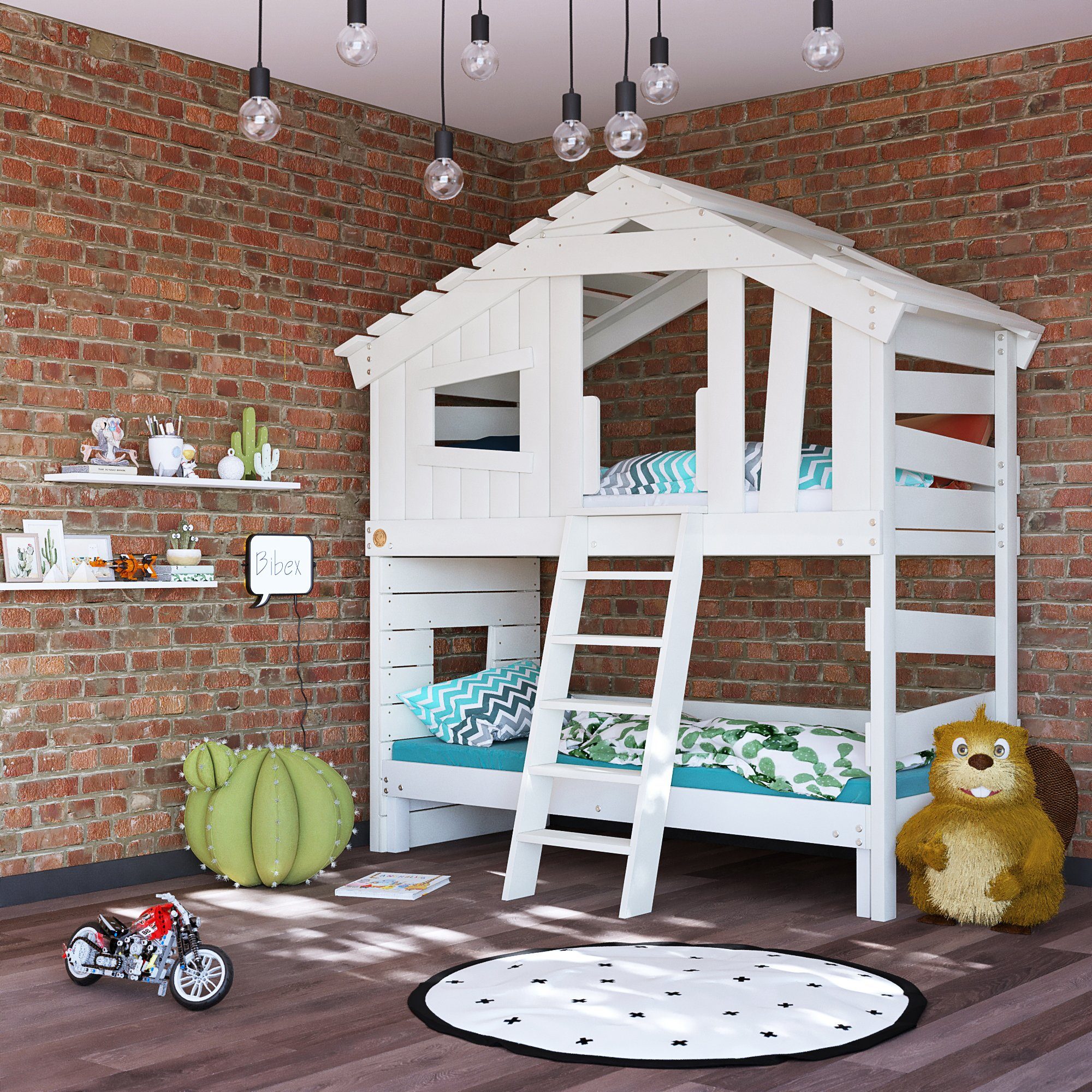 bibex Hochbett ALPIN CHALET Hochbett, Kinderbett, Etagenbett - Creme-Beige