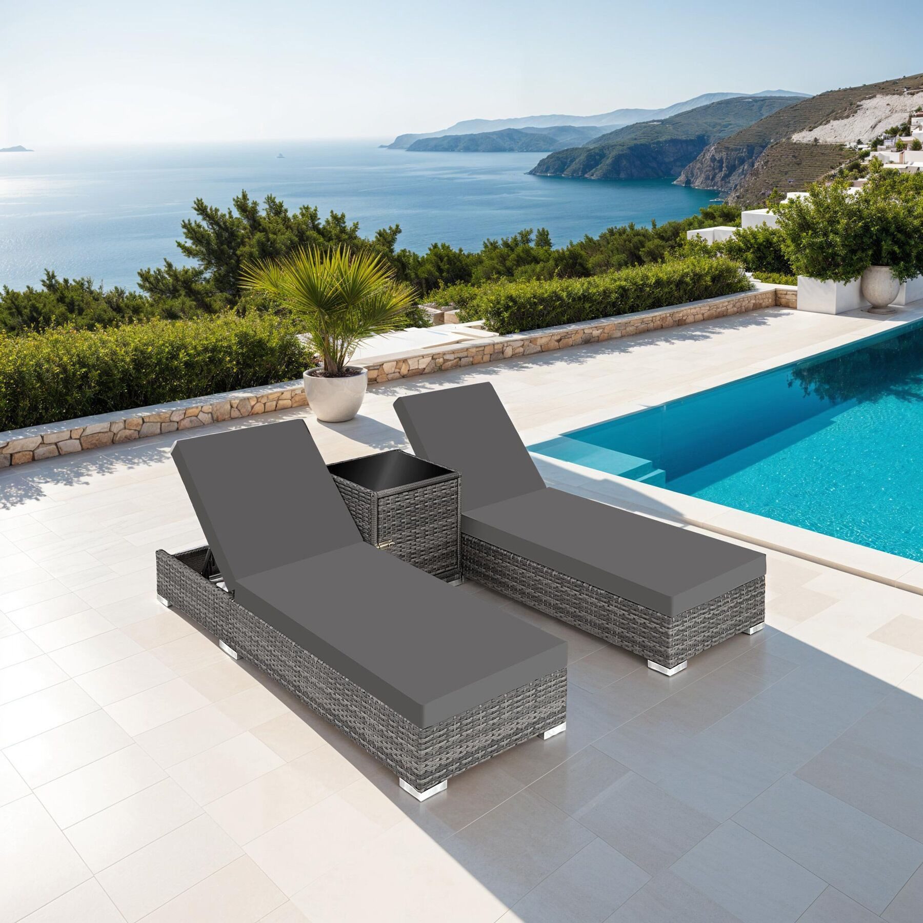 tectake Gartenliege Rattan Sonnenliegen, inklusive 2 Bezugssets und Schutzhülle, Balkonliege Nautica, 1 St., in Grau, wetterfest und UV-beständig, Tisch mit Staufach, Sicherheitsglasplatte