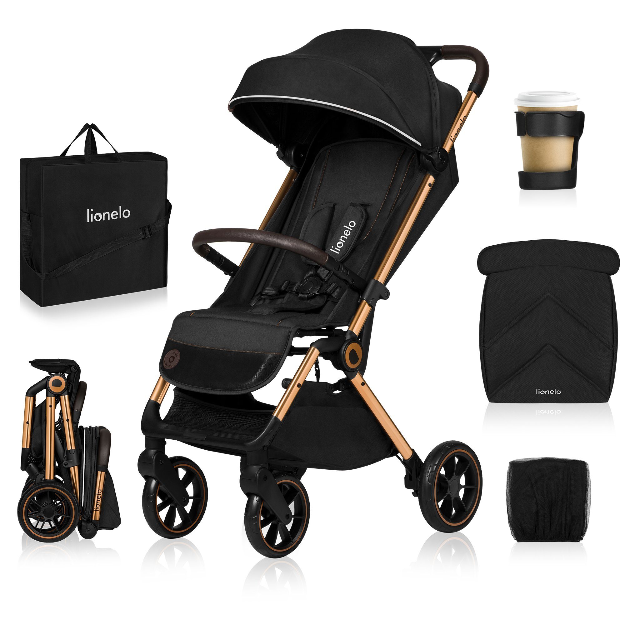 lionelo Kinder-Buggy CLOOE, (Set mit Moskitonetz, Becherhalter, Fußabdeckung und Tragegurt für die Schulter), Auto-Folding/PU-Räder/XXL-Verdeck/Tragegurt/8,2 kg