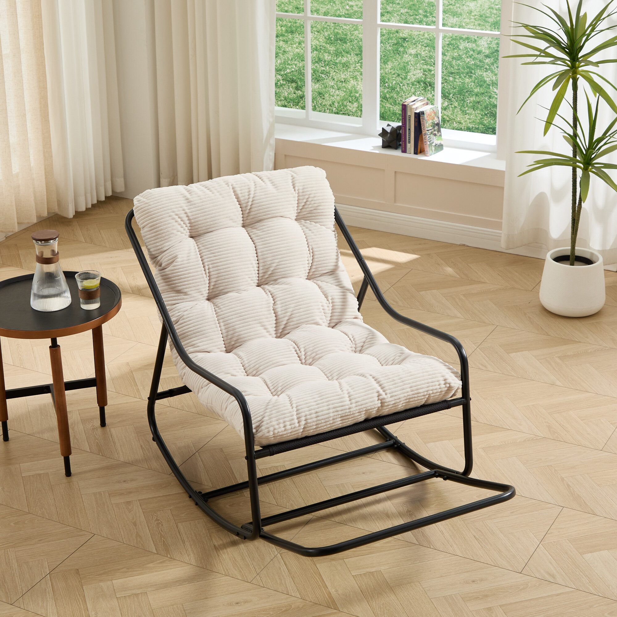 CHICFURN Schaukelstuhl Schaukelstuhl mit weichem Polster für Wohn-, Schlaf- und Lesezimmer (Packung, 1 St), Schwarzes Gestell, weißes Polster