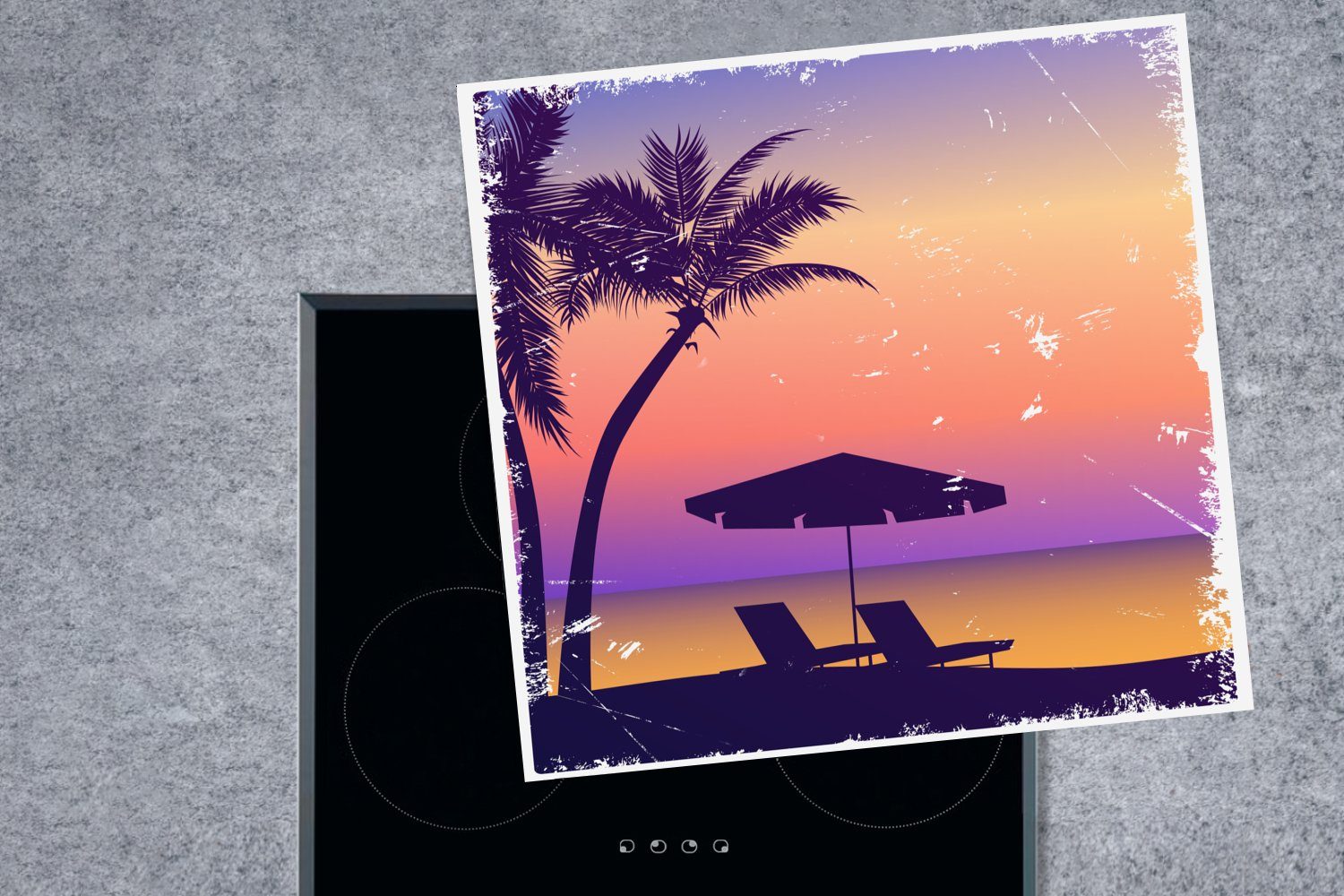 Vinyl, - küche - Aquarell, für tlg), cm, 78x78 Strandkorb Herdblende-/Abdeckplatte Sonnenschirm Arbeitsplatte Nacht (1 - MuchoWow Ceranfeldabdeckung,