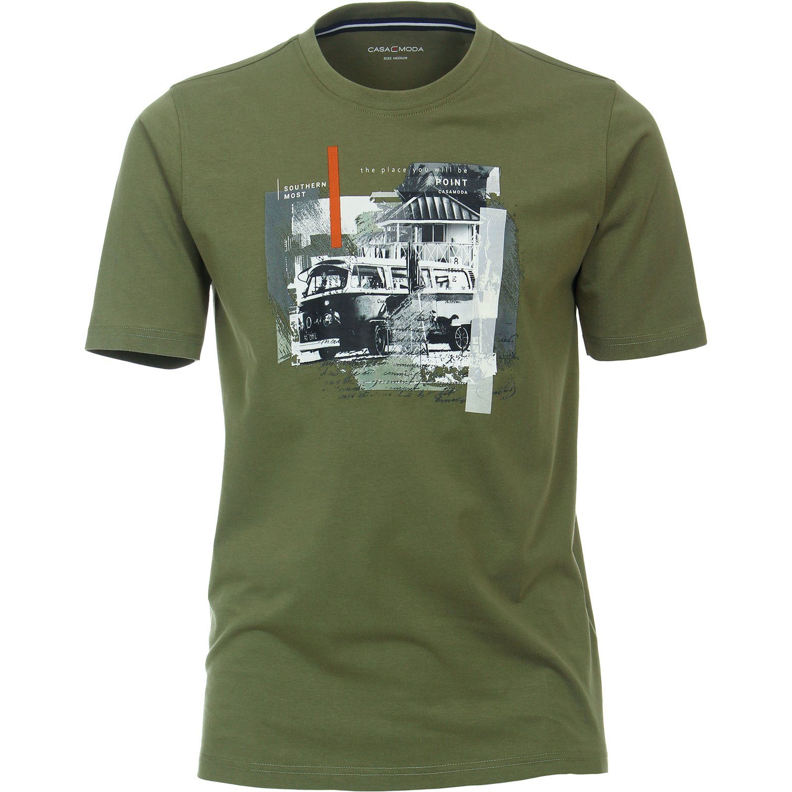 CASAMODA Rundhalsshirt Große Größen Herren T-Shirt olivgrün Florida-Print CasaModa
