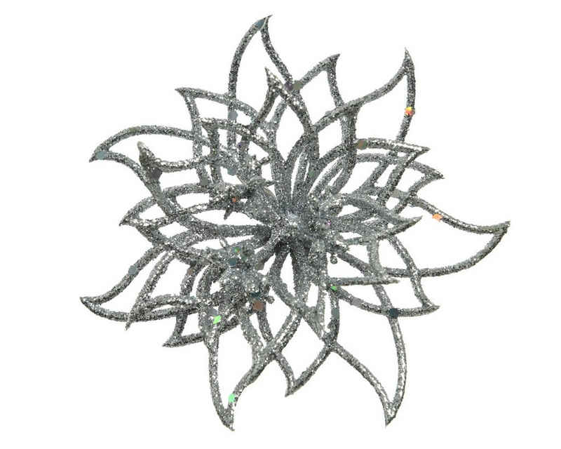 Decoris season decorations Weihnachtsbaumklammer, Weihnachtsstern - Kunststoff Blume auf Clip 14cm silber