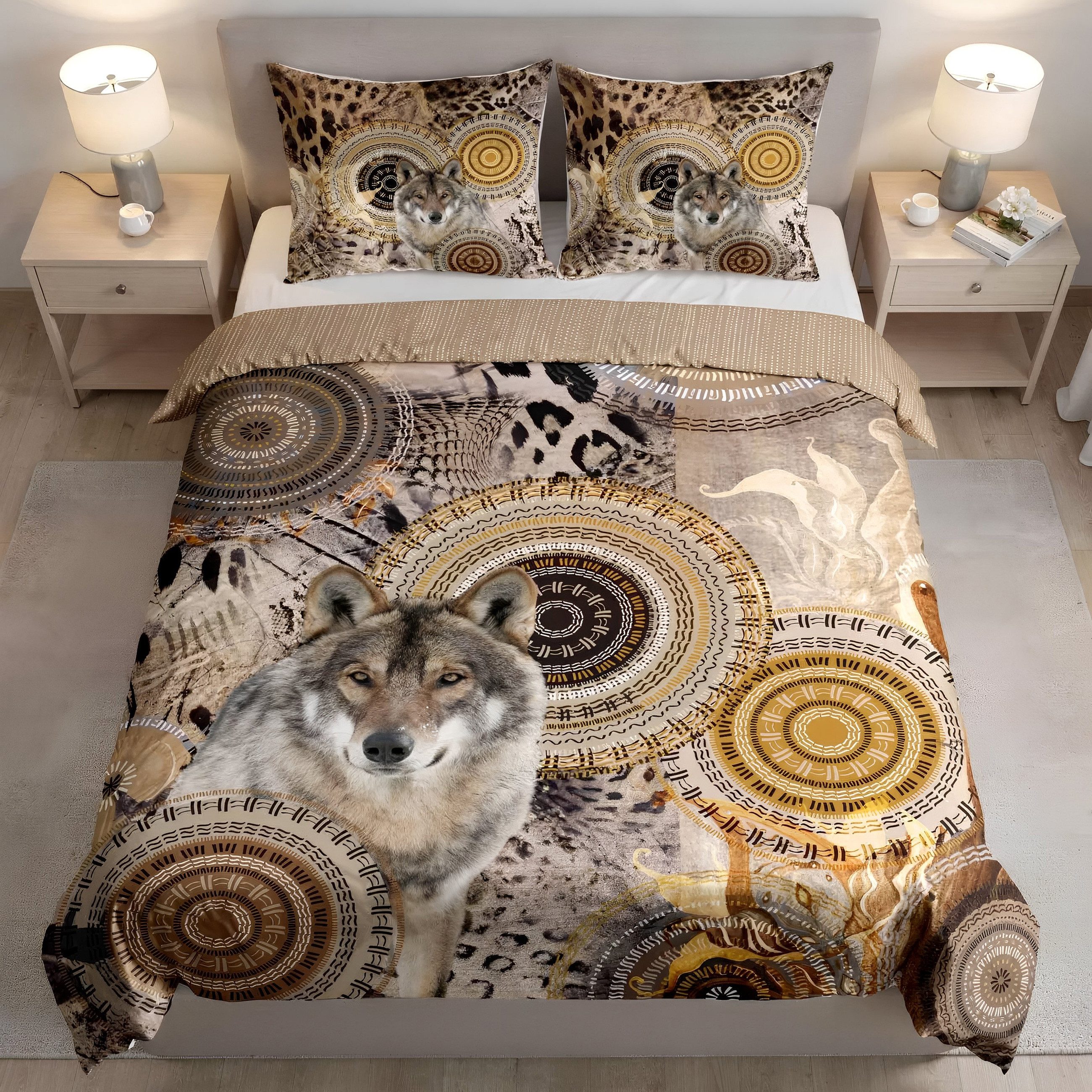 Traumschloss Bettwäsche Comfort Baumwolle, Flanell, 2 teilig, beige Mandalas mit Wolf
