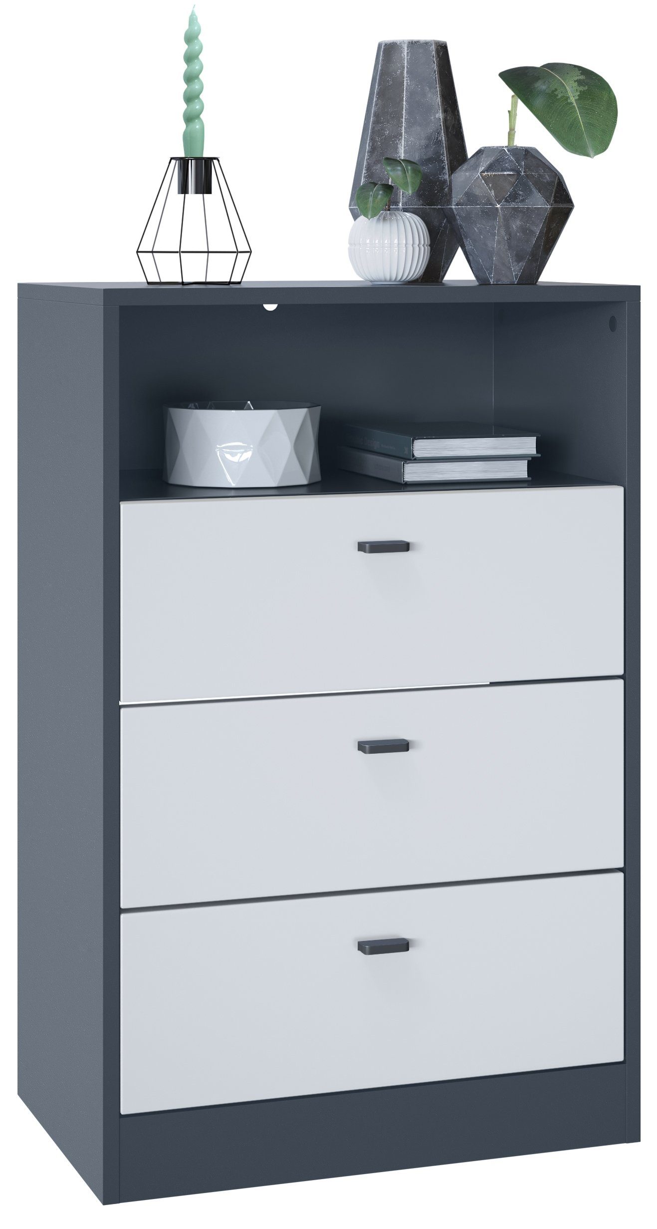 Vladon Kommode Pino V2 (Anrichte, mit 3 Schubladen & 1 offenem Fach), Anthrazit matt/Weiß matt (56 x 86,5 x 36 cm)