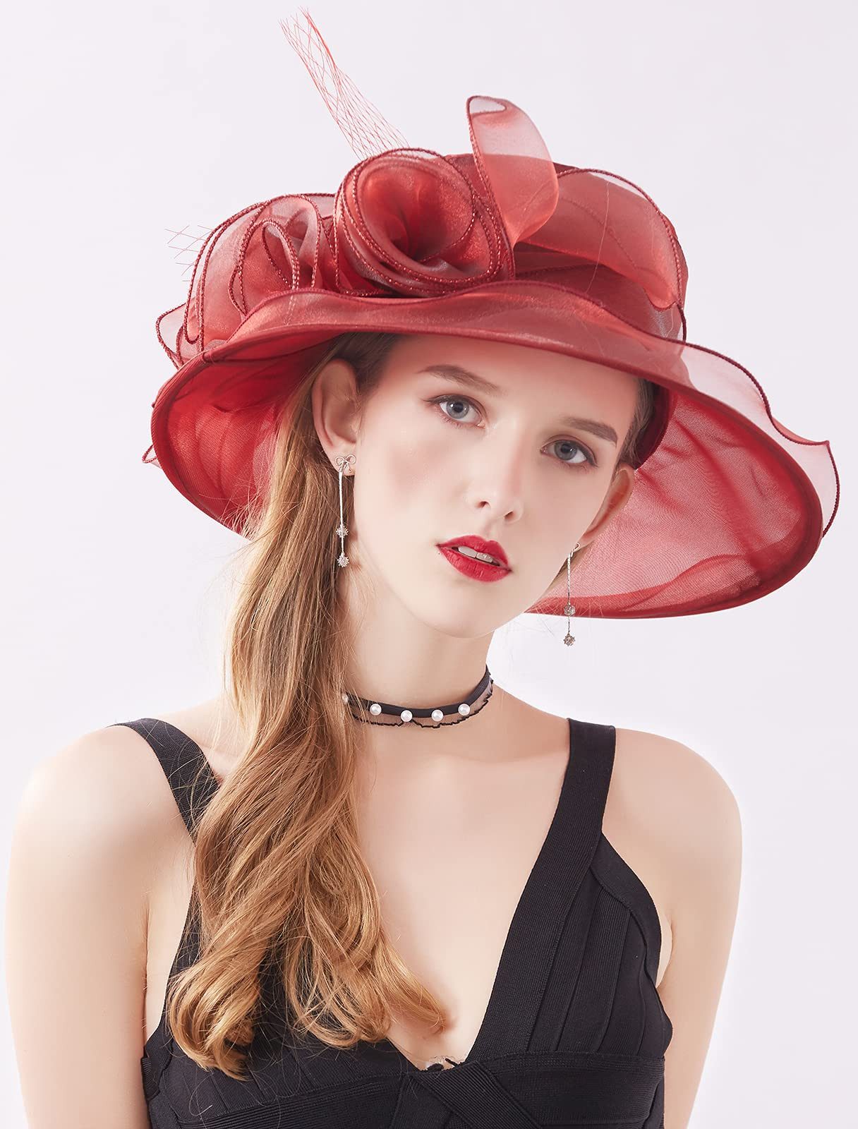 Bwecuy Sonnenhut Damenhut mit breiter Krempe, Blumen- und Blattdekor ideal für Hochzeit, Kirche und Tea Party
