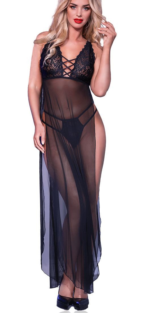 Negligé Damen Dessous langes Kleid Gown Body in schwarz mit Schlitz vorn, Fron