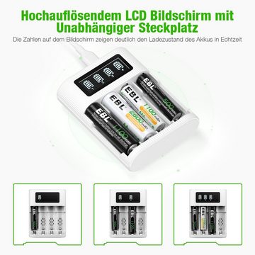 EBL Universal Akkuladegerät mit 4 AA/AAA Akkus für AA AAA NiMH NiCd Batterie-Ladegerät (wiederaufladbare Batterien, HD LCD Display, schnelle Batterieladegerät)