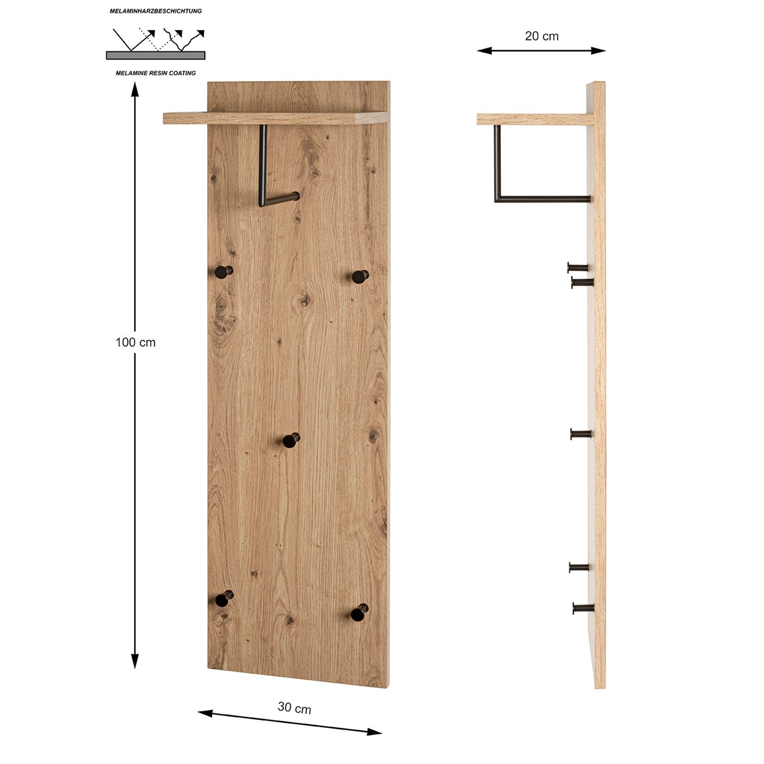HAKU Garderobenständer PARMA 9 Garderobe - eiche-schwarz - MDF, Metall - H. 100cm x B. 30cm, (1xWandgarderobe, Wandhalterung - Wandhalter), Wandhakenleiste - Ha – Bild 2 von 5