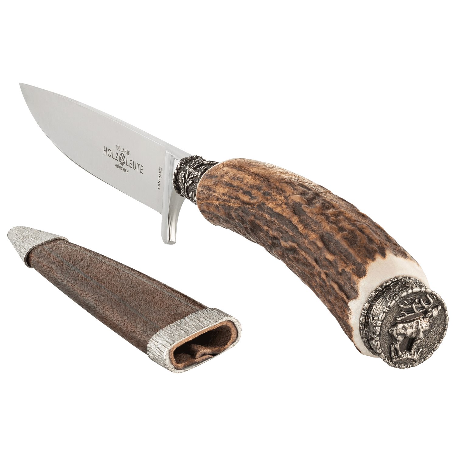 Holz-Leute Brotzeitmesser Trachtenmesser mit Hirschkappe (1 Stück), Hirschfänger, Klinge aus Solingen, Hirschkappe, mit Lederscheide