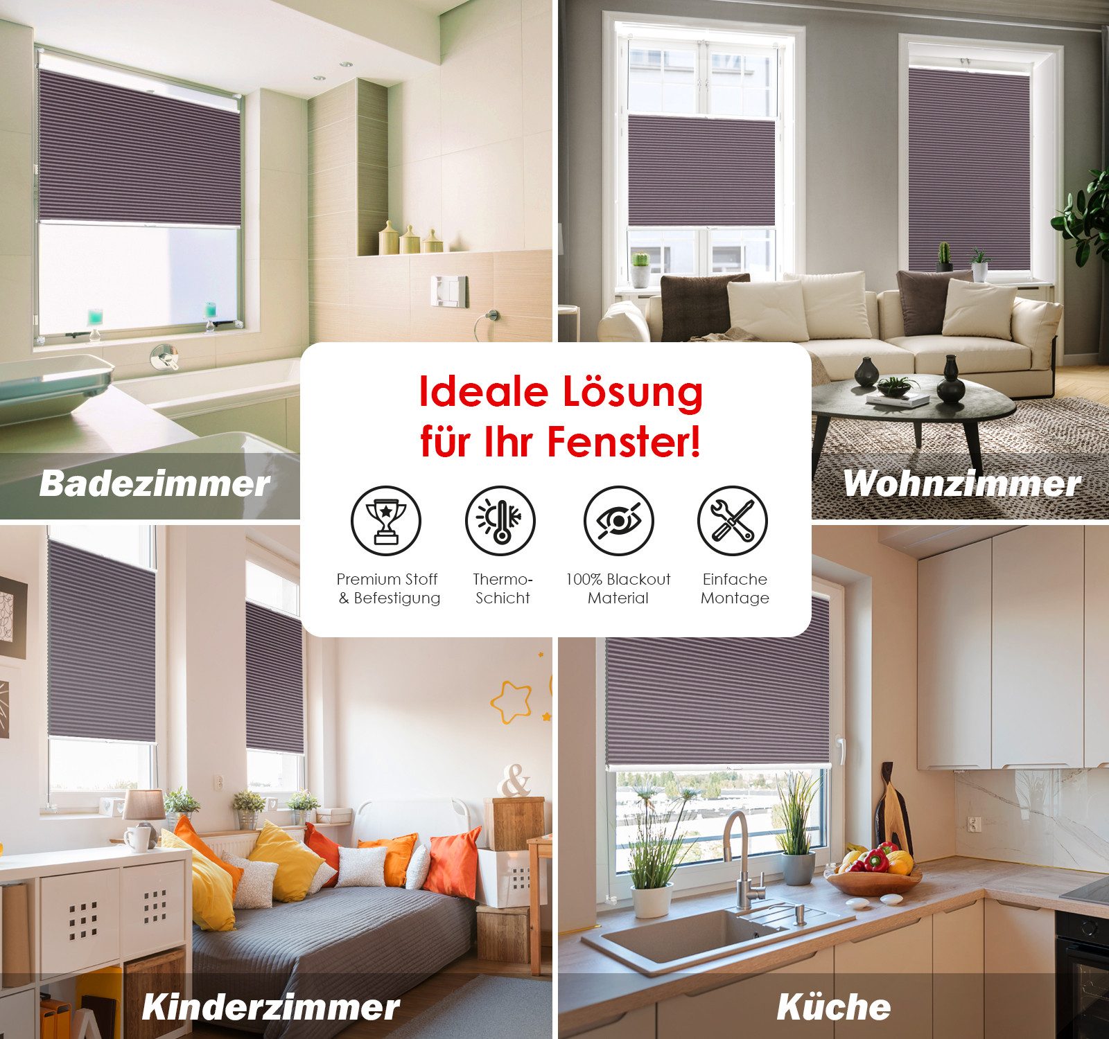DomDeco Wabenplissee Thermo Plissee ohne Bohren - Hitzeschutz, Verdunkelung, verspannt, abdunkelnd, Klemmfix, stufenlos, kälteschutz, modernes Fensterplissee
