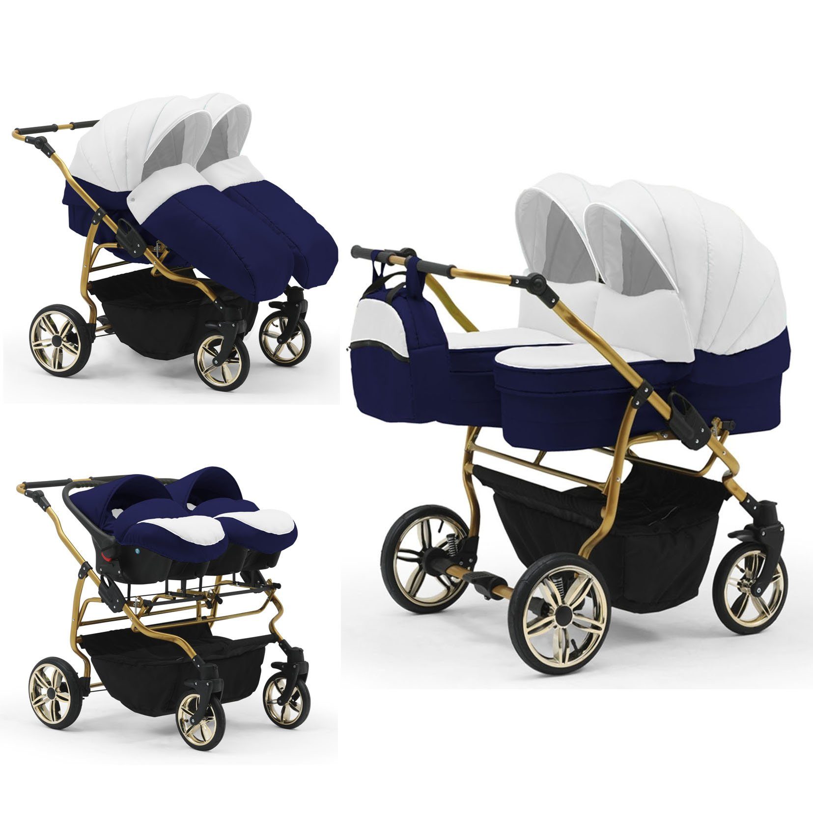 babies-on-wheels Zwillingswagen Duet Lux Gold 3 in 1 inkl. Autositze - 13 Teile - in 33 Farben Weiß-Navy