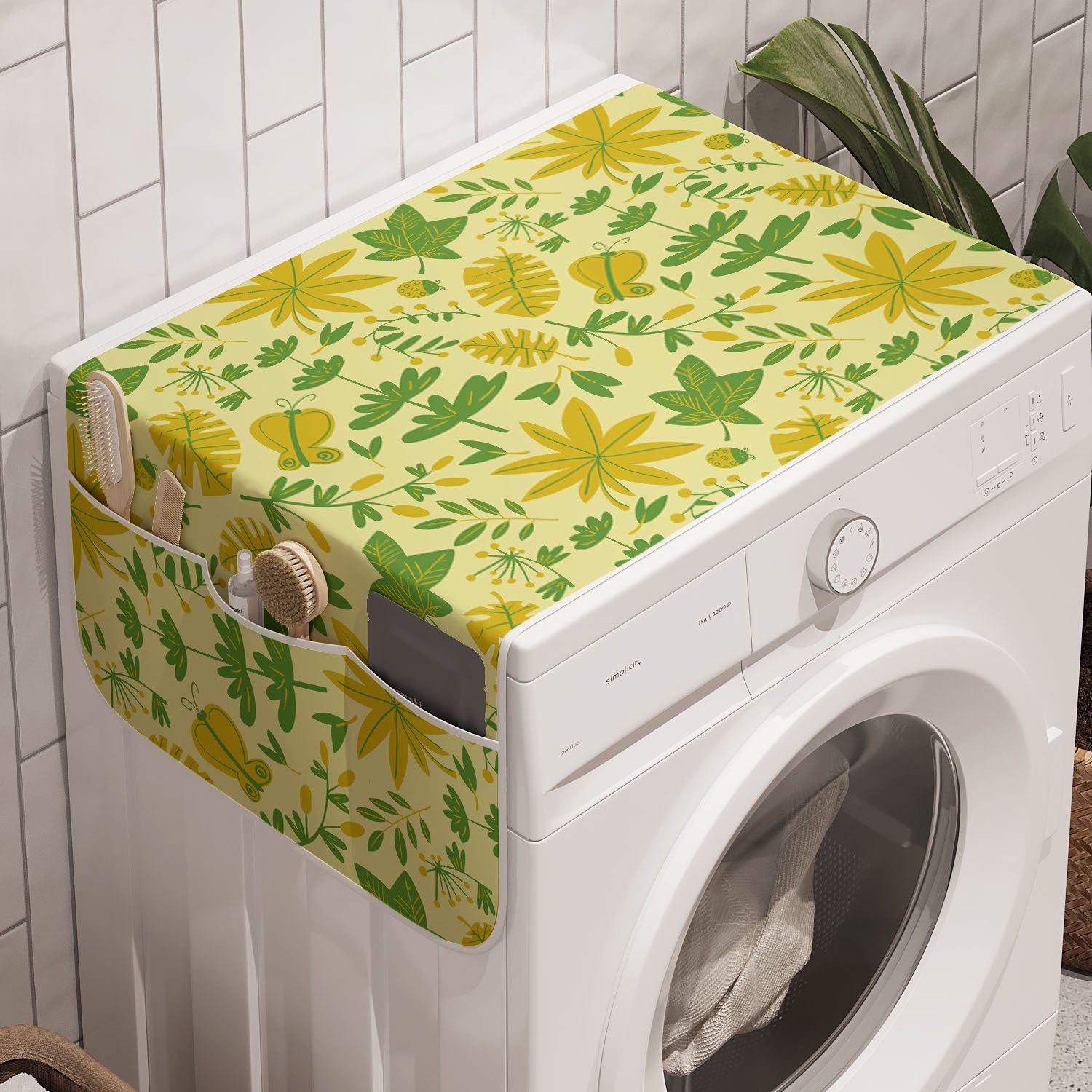 Abakuhaus Badorganizer Anti-Rutsch-Stoffabdeckung für Waschmaschine und Trockner, Blätter Blätter Pflanzen Schmetterlinge | Bad-Organizer