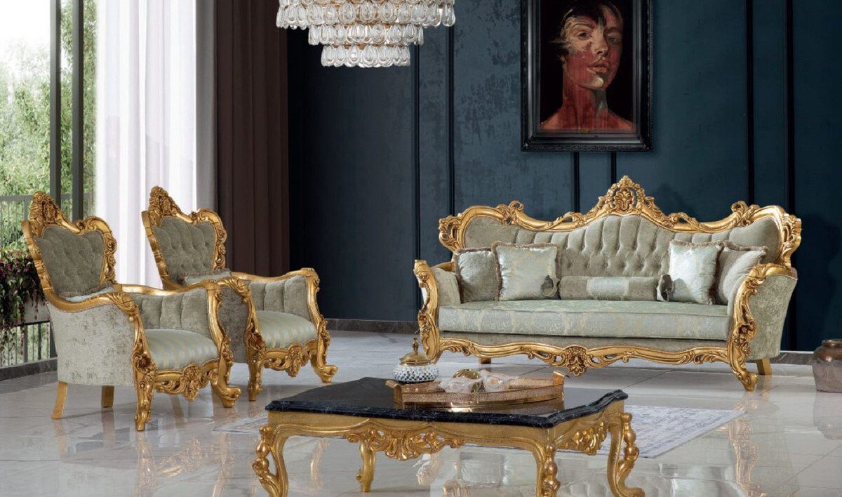 Casa Padrino Sofa Luxus Barock 100 Grün - Wohnzimmer Möbel Barock x & Gold Edel elegantem Sofa x / 125 mit Handgefertigtes Wohnzimmer H. Sofa Prunkvoll - cm - Muster 250