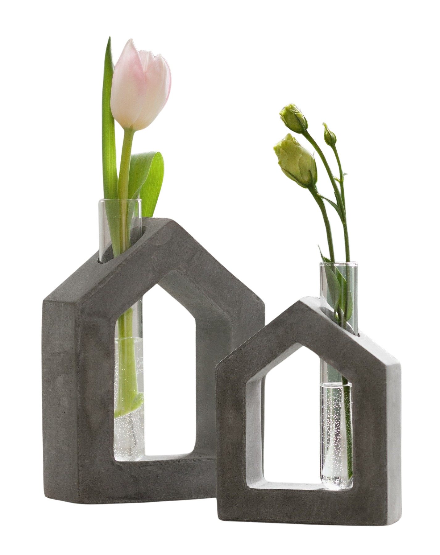 Tischvase "Haus" aus Beton grau mit Glasvase für einzelne Blumen, Vase, Dekovase