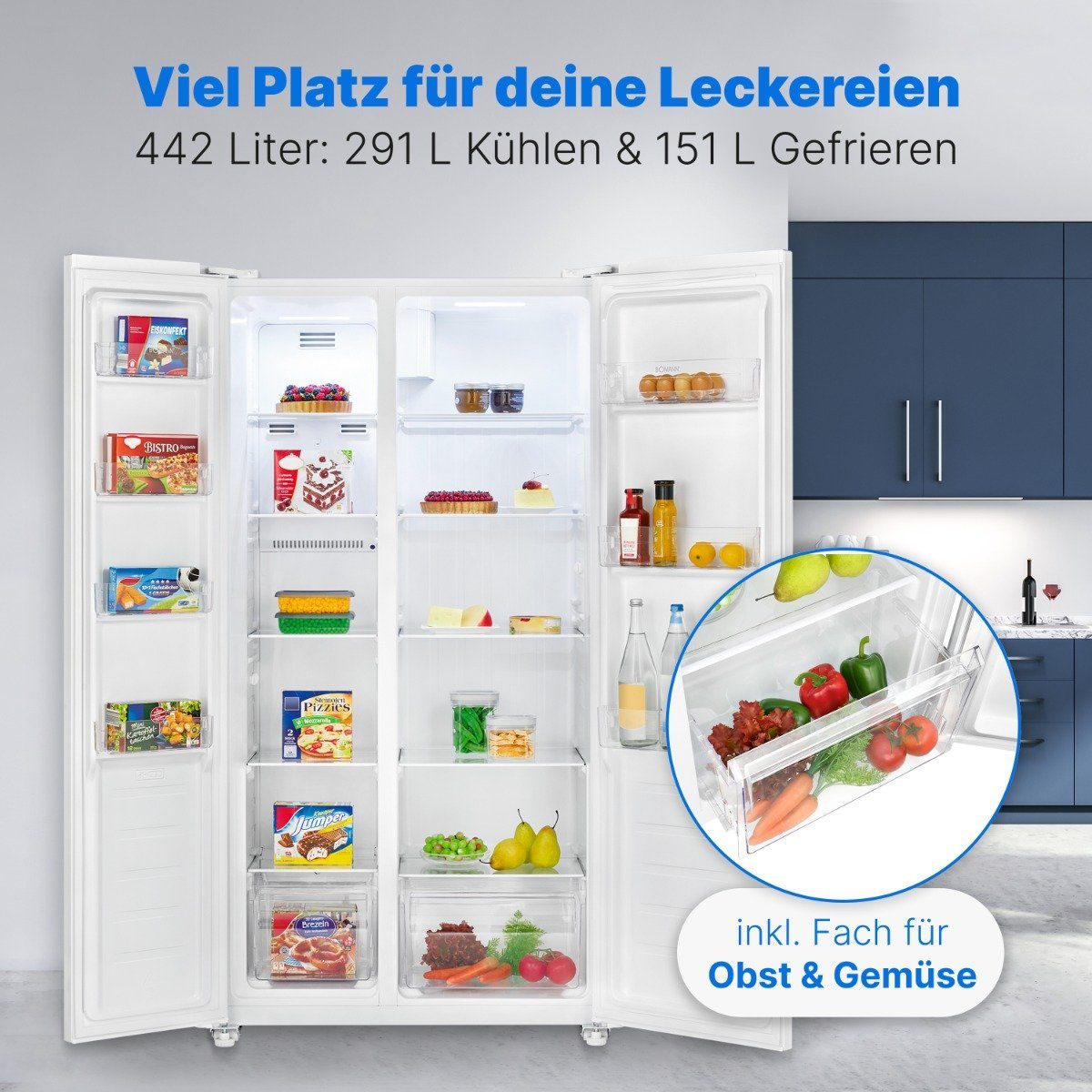 BOMANN Side-by-Side SBS 7344, 177 cm hoch, 90 cm breit, MultiAirflow-System, Total No Frost, LED Frontdisplay m. Touch Control