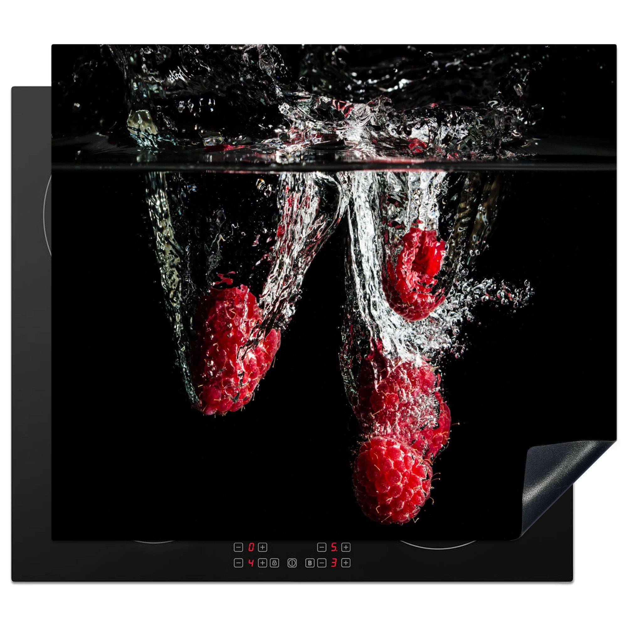 MuchoWow Herd-Abdeckplatte Himbeeren - Obst - Stilleben - Wasser - Schwarz - Rot, Vinyl, (1 tlg), Abdeckplatte für Ceranfeld, Herd Inductionsmatte, 57.6x51.6 cm