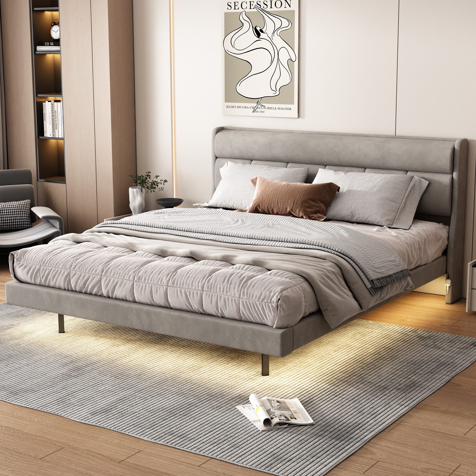 MODFU Polsterbett flaches Bett, schwebendes Bett (ausgestattet mit menschlichem Sensorlicht, warm gepolstert), ohne Matratze, 180x200 cm