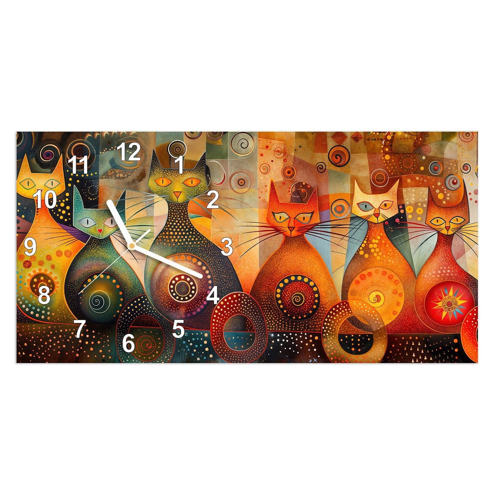Wanduhr Glasuhr Wandkunst Größe 60 x 30 cm mit Motiv Katzenkunstwerk