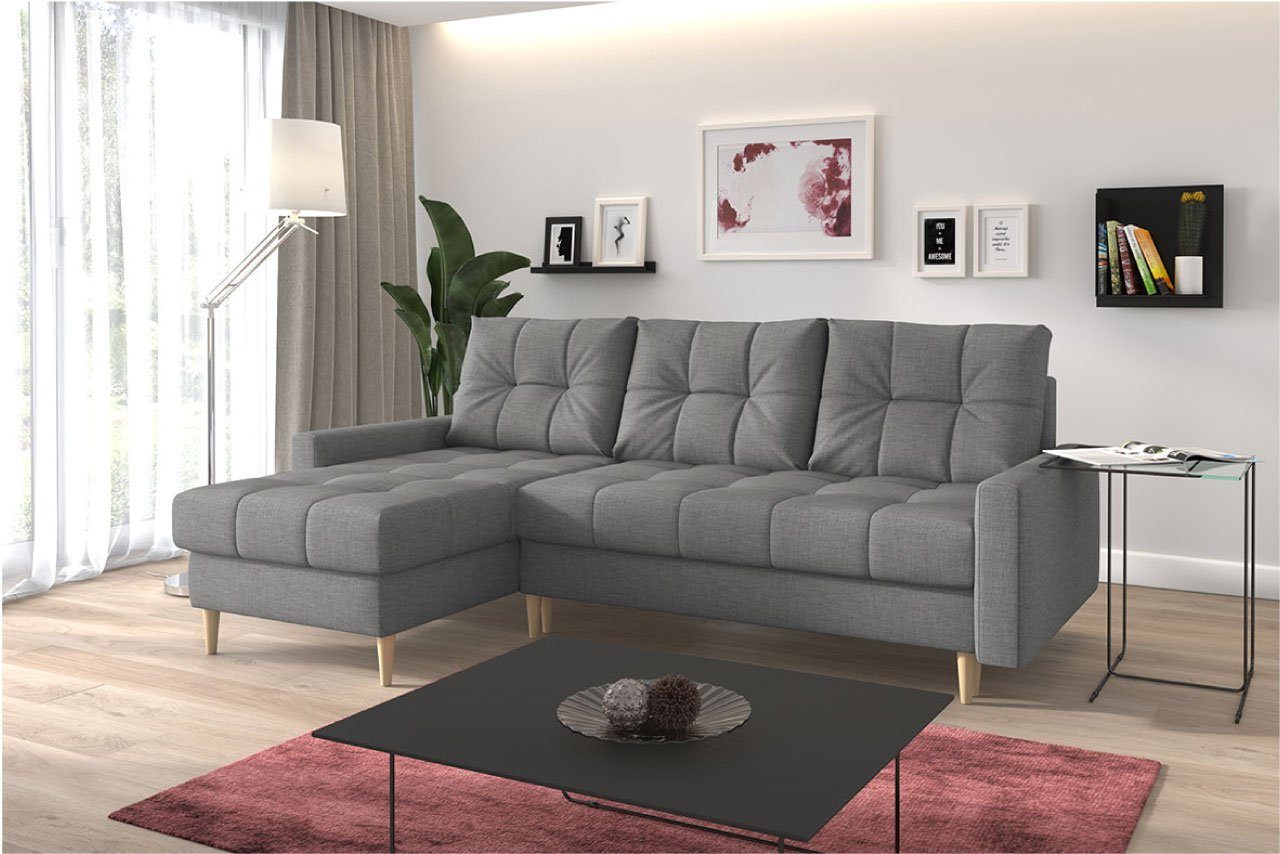 MKS MÖBEL Ecksofa Scandi, mit Schlaffunktion, Polstersofa mit Bettkasten Grau