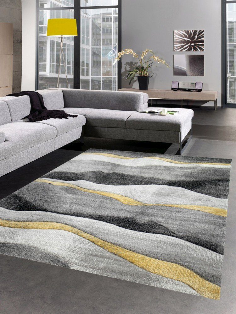 Teppich Teppich modern Teppich Wohnzimmer Wellen grau gelb gold, Carpetia,  rechteckig, Höhe: 13 mm
