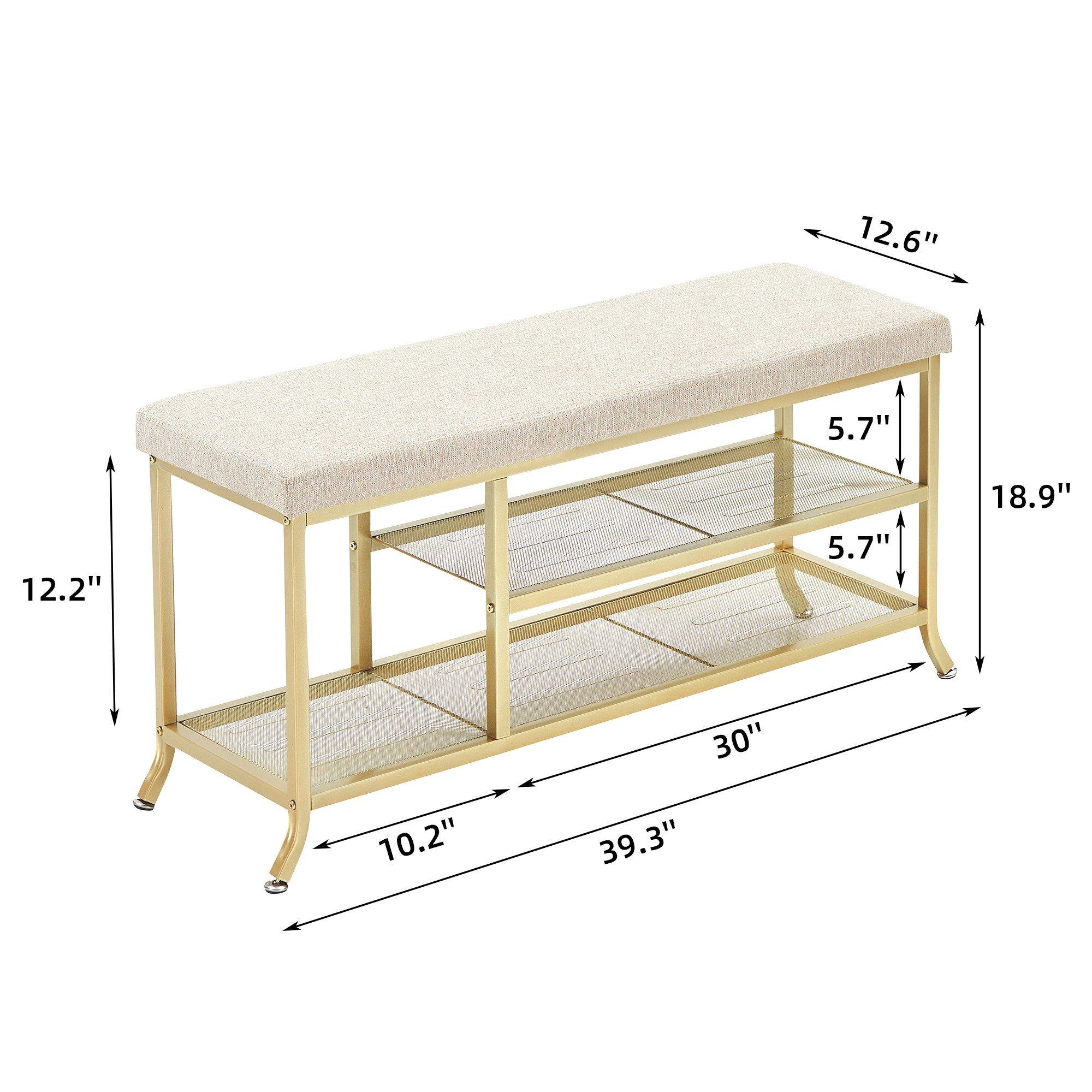GarveeMore Schuhbank mit Sitzkissen,2 Tier, Schuhtruhe, 100x32x48cm, Gold