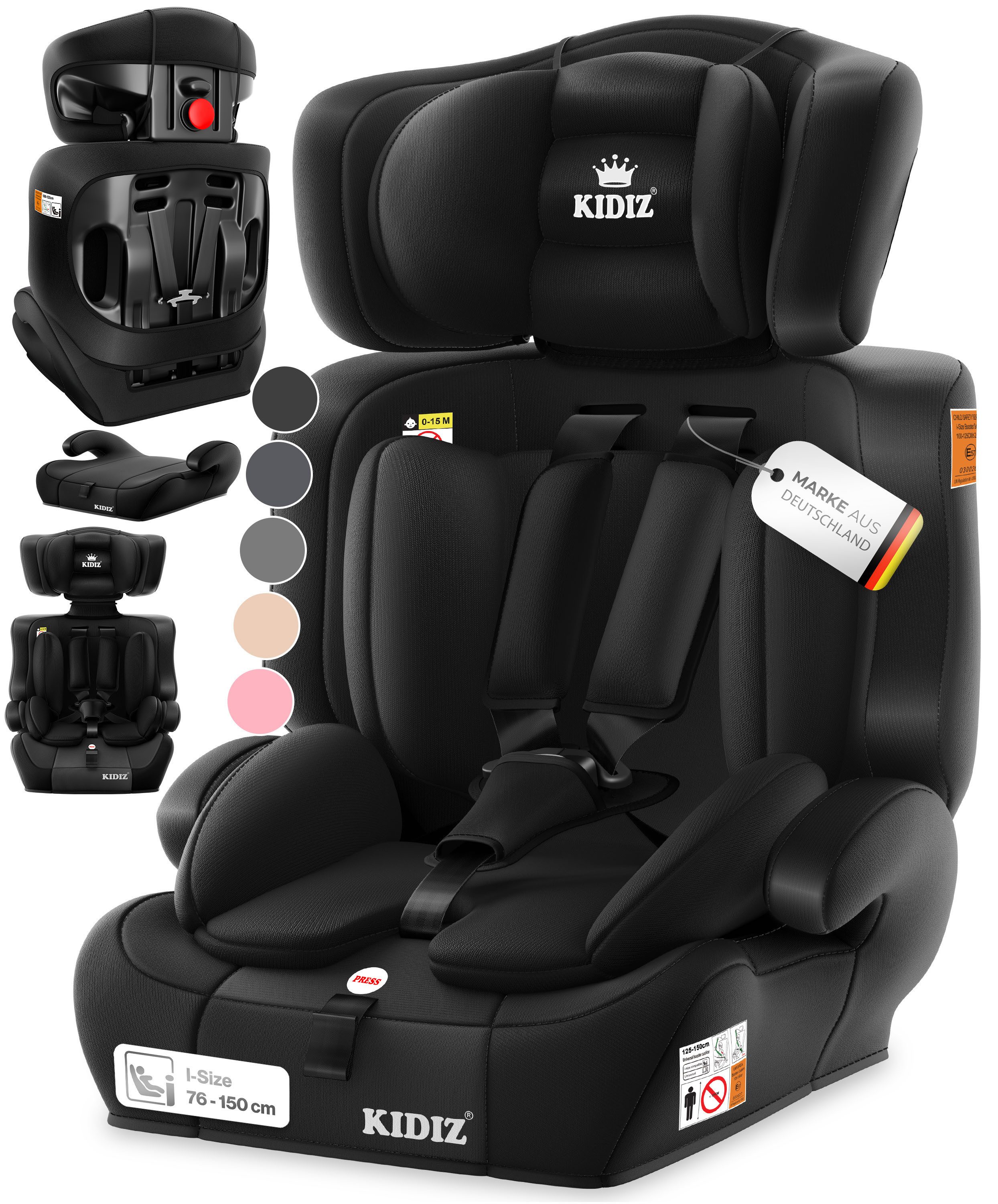 KIDIZ Autokindersitz 9-36kg Körpergewicht & 76-150cm Körpergröße, wächst mit ihrem Kind, bis: 1-12 Jahre, Geprüft & Zugelassen nach ECE R 129/03