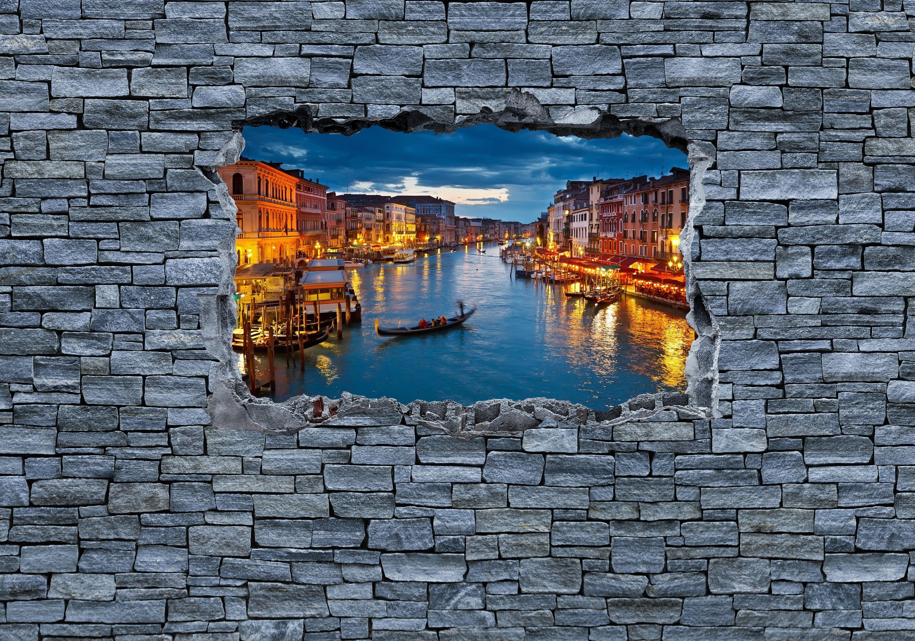 wandmotiv24 Fototapete 3D Canale Grande Venedig - Steinmauer, glatt, Wandtapete, Motivtapete, matt, Vliestapete