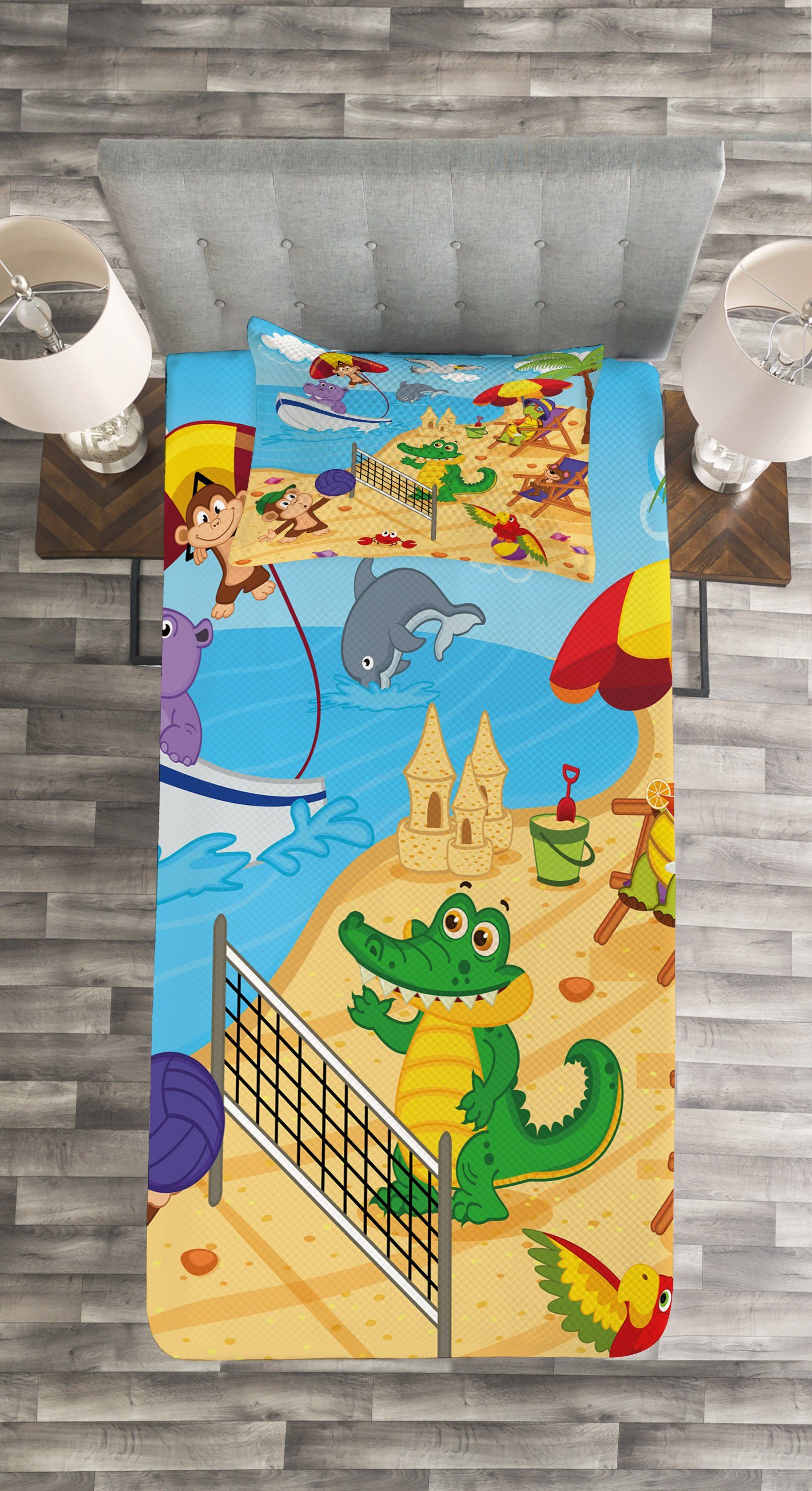 Tier Cartoon auf Abakuhaus, Waschbar, Tagesdecke Kissenbezügen Set Tiere mit Strand