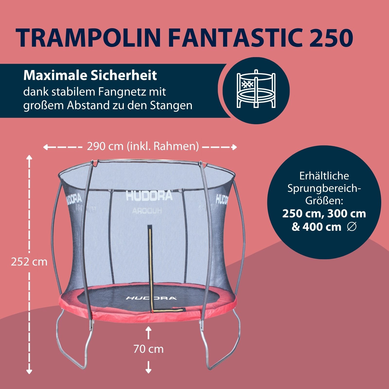 Hudora Gartentrampolin Fantastic für Kinder/Jugendliche & Erwachsene, Ø 250 cm, mit Sicherheitsnetz, TÜV-GS geprüft, extra breite Randabdeckung