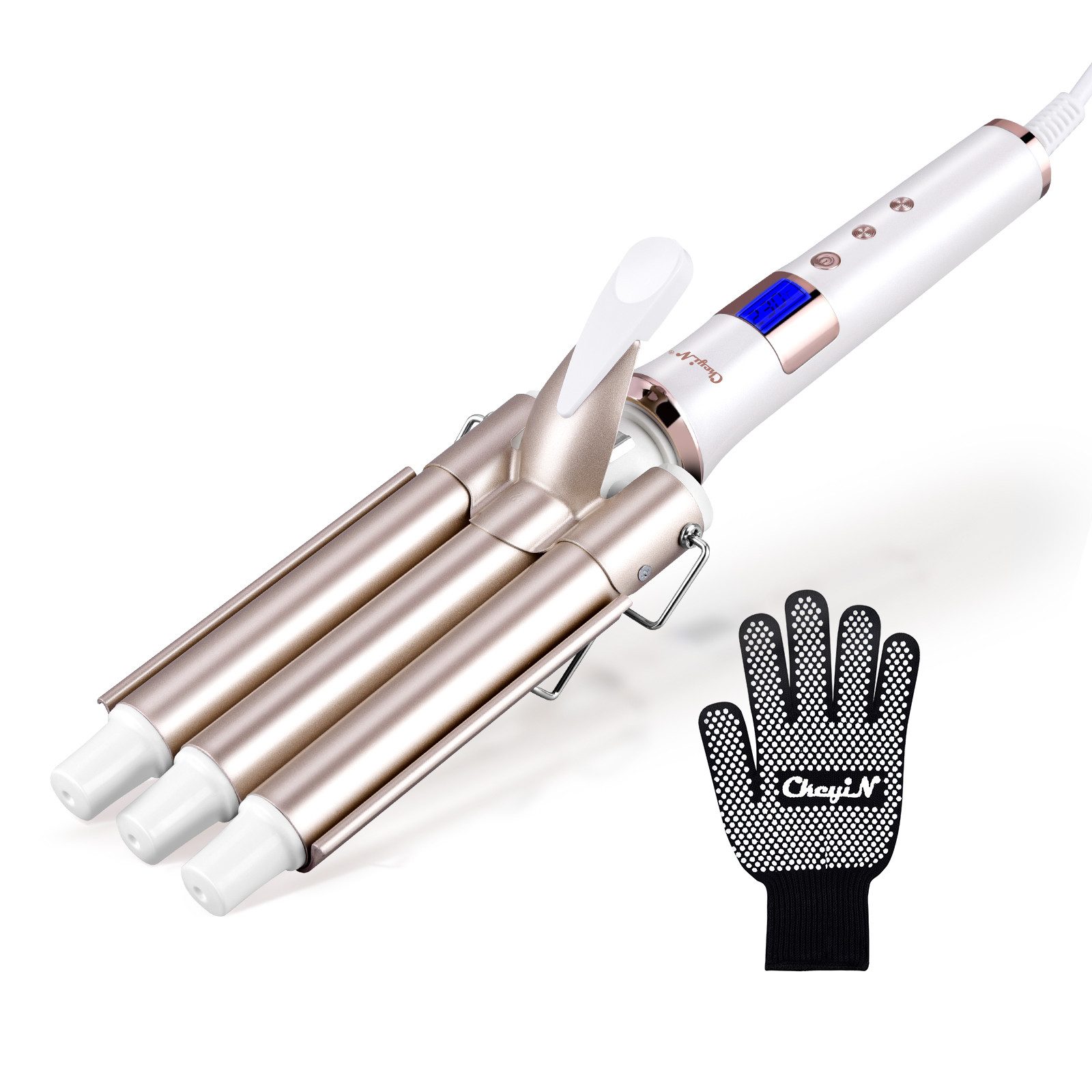 CkeyiN Lockendreher 3 Fässer 22mm Wasserwellen-Lockenstab, 80-230℃ Welleneisen, Turmalin-Keramik-Beschichtung, PTC Heiztechnologie, mit LED-Anzeige Verbrühschutzhalterung