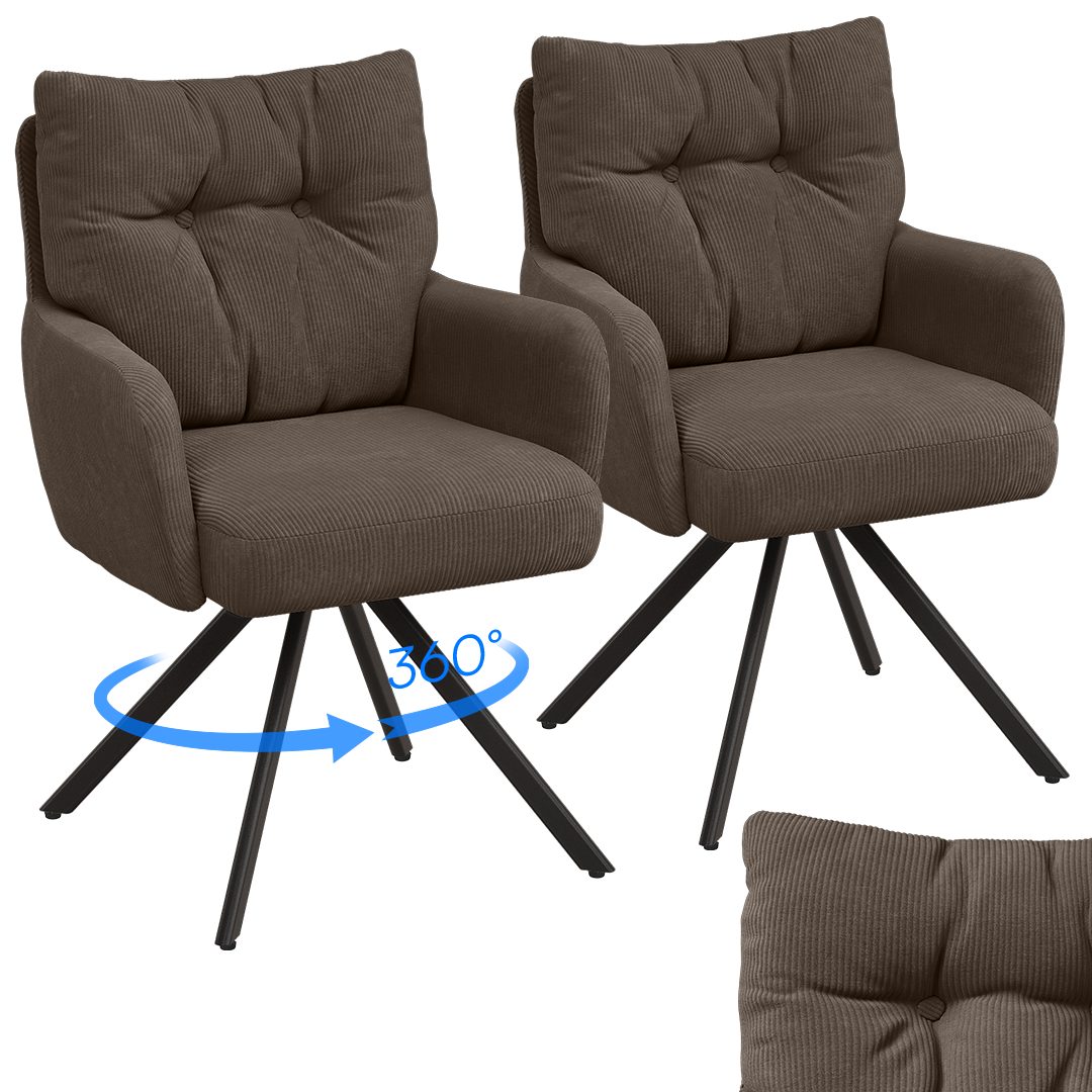 skølm Esszimmerstuhl Arvakr, Armlehnstuhl mit Metallgestell, 360° drehbar, gepolstert    (Braun, 2 St), Drehstuhl aus Cord, Polsterstuhl bis 120 kg