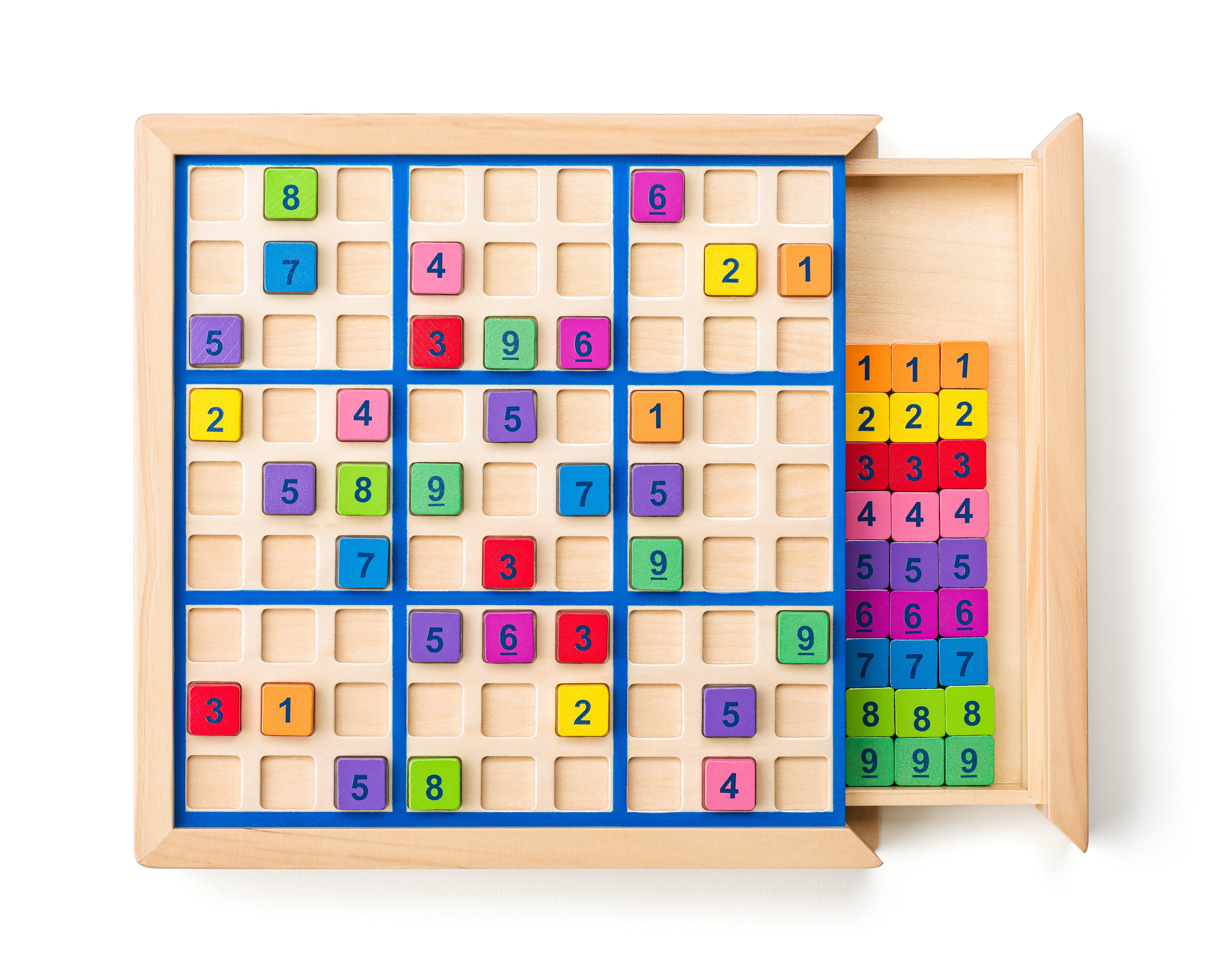 Woodyland Lernspielzeug 92223 Sudoku Brettspiel mit bunten Zahlenplättchen, jede Zahl eine andere Farbe. Ausziehbares Aufbewahrungsfach