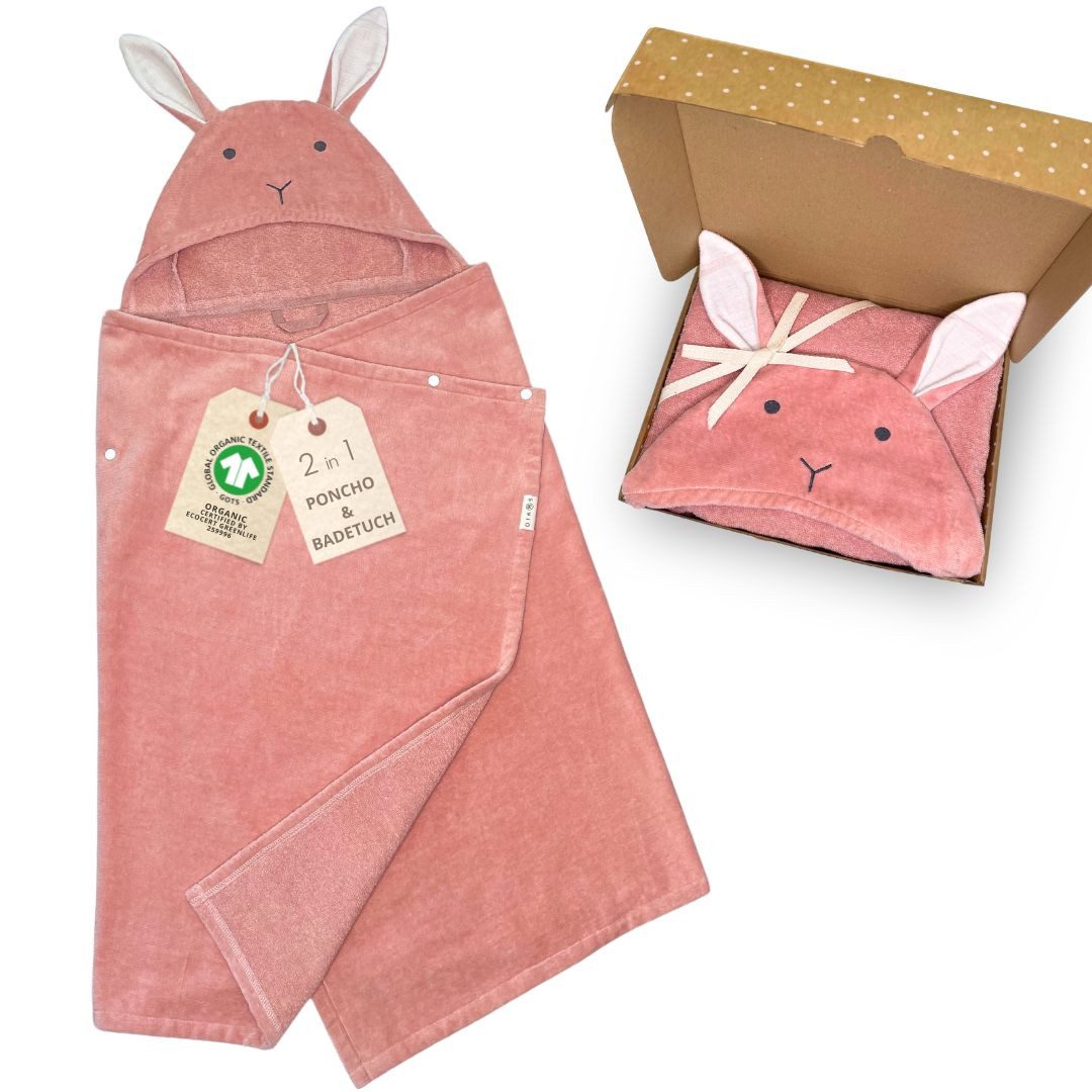 DIKOS Kapuzenhandtuch Badeponcho Baby Kinder Taupe/Altrosa, 70x140cm, 100% Bio-Baumwolle, 2-in-1 ab Geburt Handtuch mitwachsendes Badetuch/Poncho mit Knöpfen