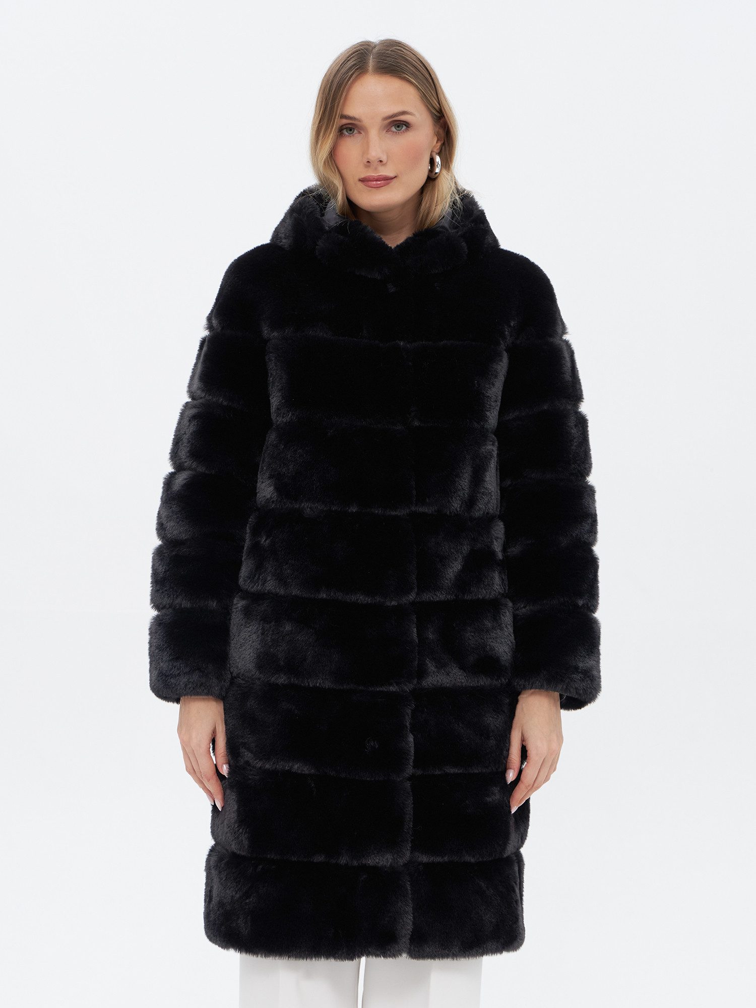 Passioni Fellimitatjacke Web-Pelz Mantel Winterjacke Faux Fur Mantel mit Kapuze – Bild 2 von 5