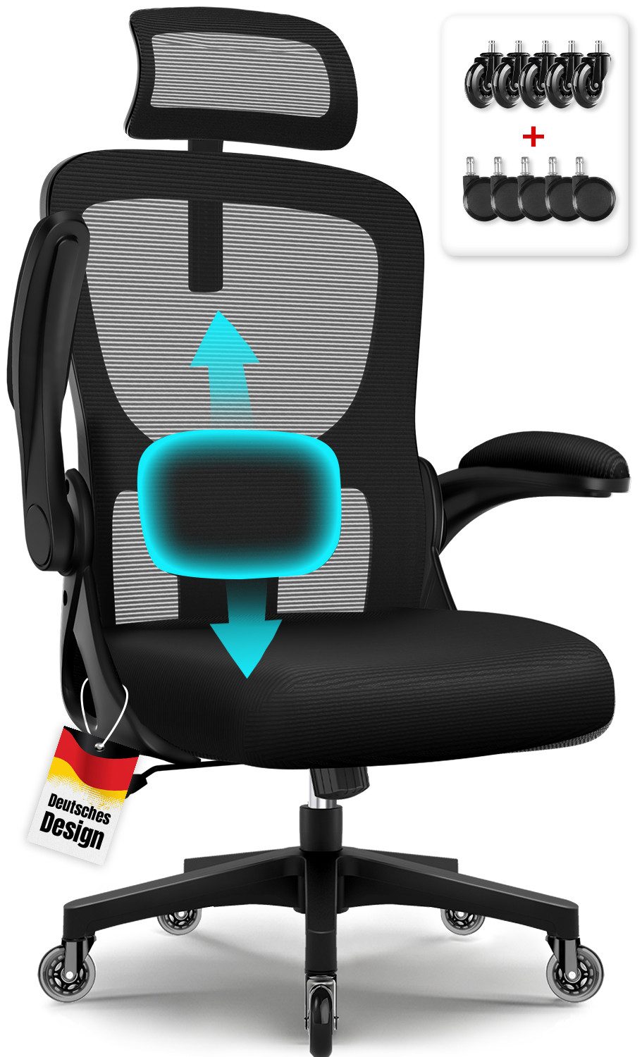 Hiazurm Bürostuhl Bürostuhl, Schreibtischstuhl mit 5D-Lendenwirbelstütze und Kopfstütze (Drehstuhl, Chefsessel Wippfunktion 90°-135°,90° Klappbare Armlehnen,leise Rolle,Bis 155 kg belastbar), Atmungsaktiv, Verlängerte und Verbreiterte Rückenlehne