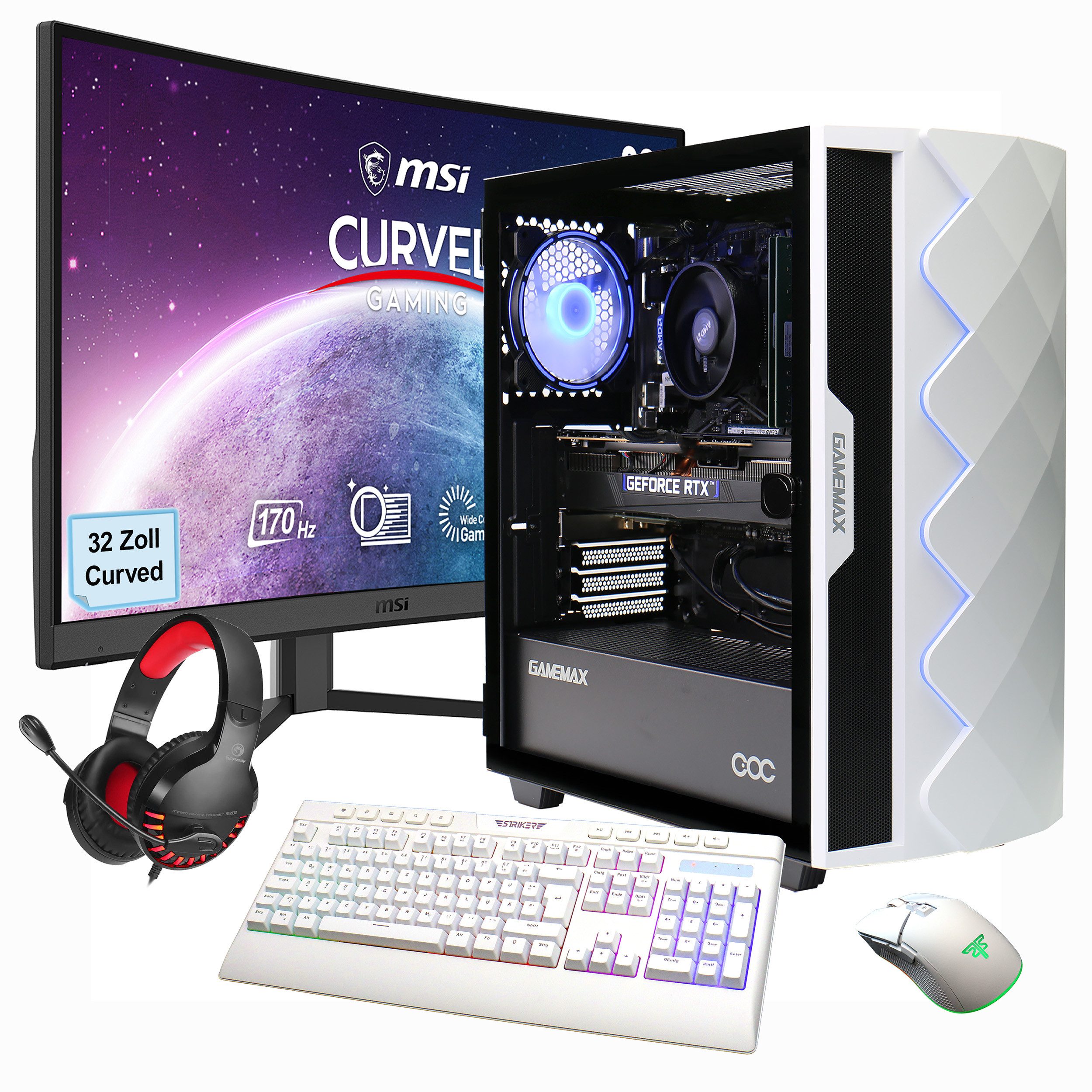 GAMEMAX MegaDeal Gaming-PC-Set Diamond WT PC-Komplettsystem (32", Intel® Core i7 14700F, GeForce RTX™ 4070, 32 GB RAM, 1000 GB SSD, Windows 11 + MSI G32C4 E2 Monitor Curved 80cm (32)
